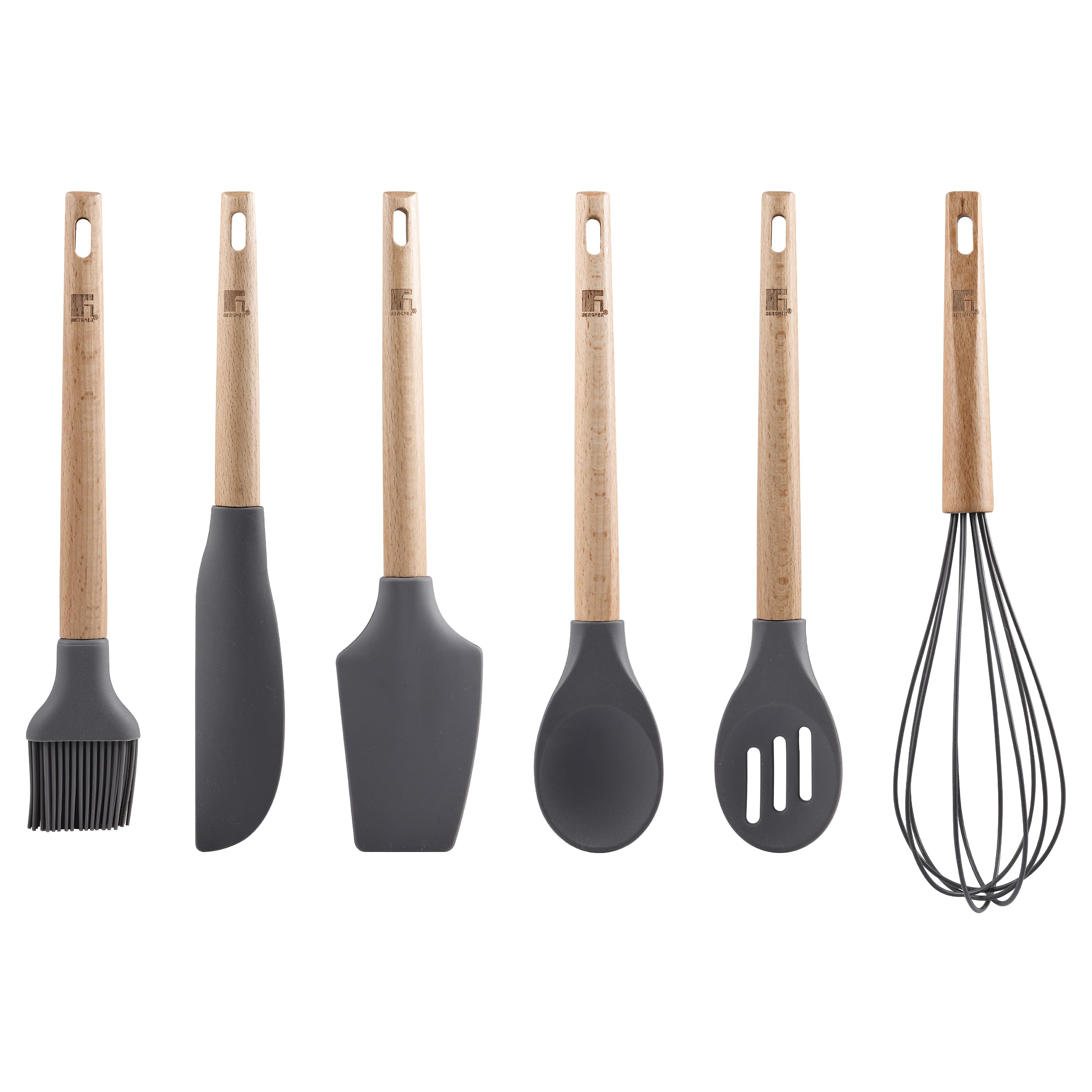 BERGNER BAKE LOVERS Küchenutensilien-Set - Silikonkopf - 1 Schneebesen + 1 Schlitzlöffel + 1 Bürste + 1 solider Löffel + 1 großer Spachtel + 1 Schaber