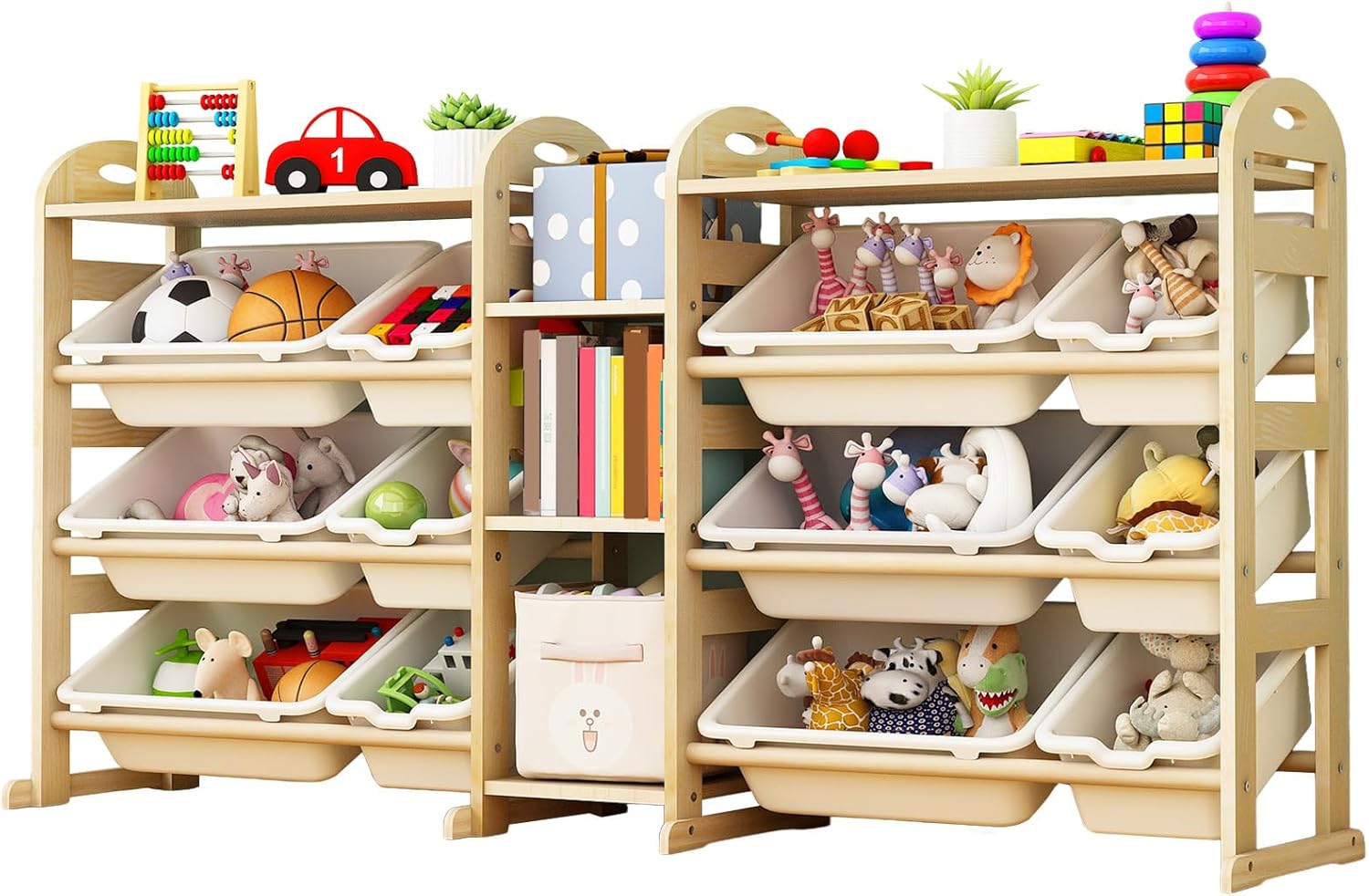 Toy Storage Organizer, 59.6" W White 5-Shelf Bookcase/Bookshelf with 12 Toy Bins, Large Toy Organizers and Storage, Toy Box for Playrooms, Bedrooms Organization