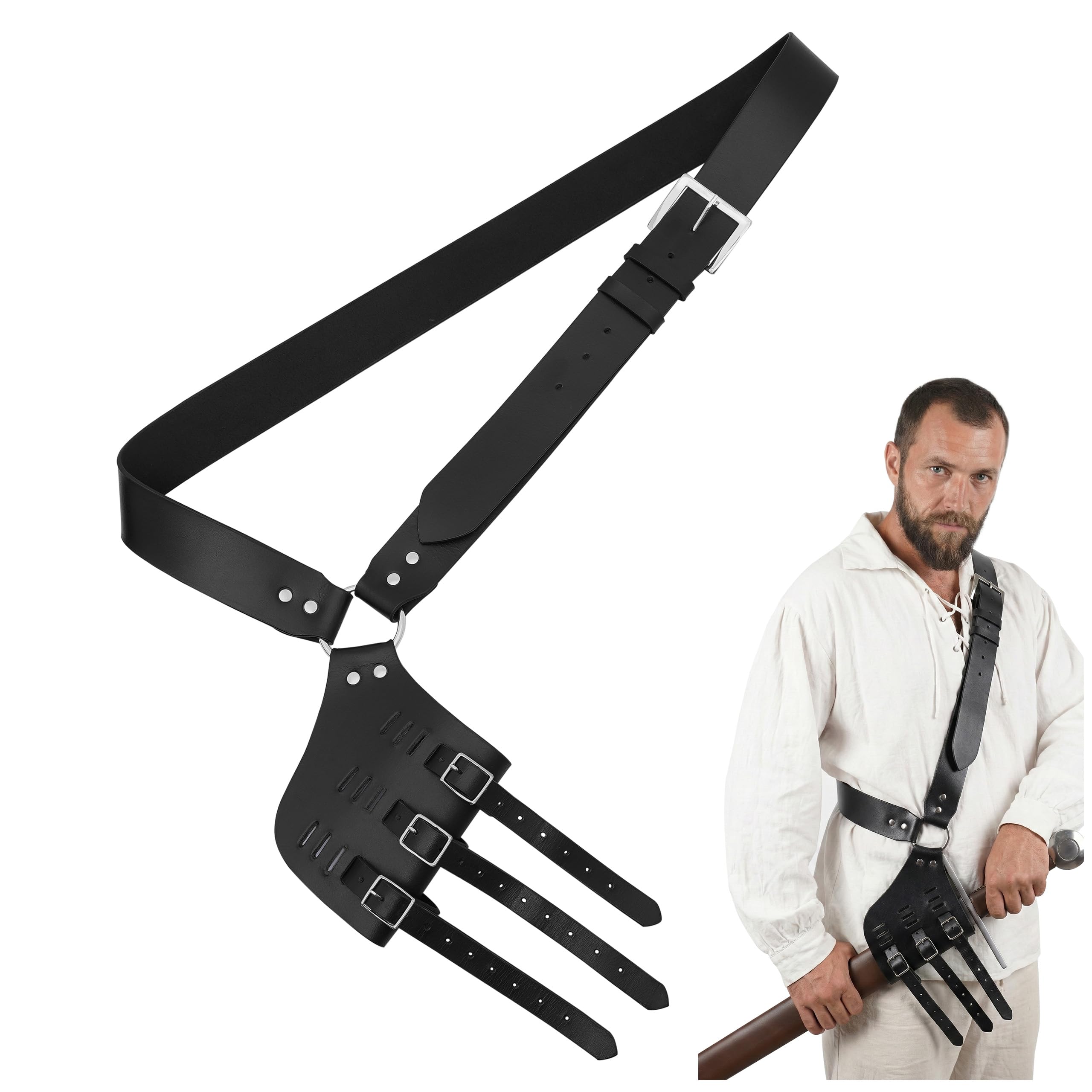 Mythrojan Medieval Leather Baldric Shoulder Belt, Handcrafted Renaissance Baldric Belt Holster for Long Swords, Medieval Adjustable for LARP Pirate Cosplay Costume for Left Hand - Black