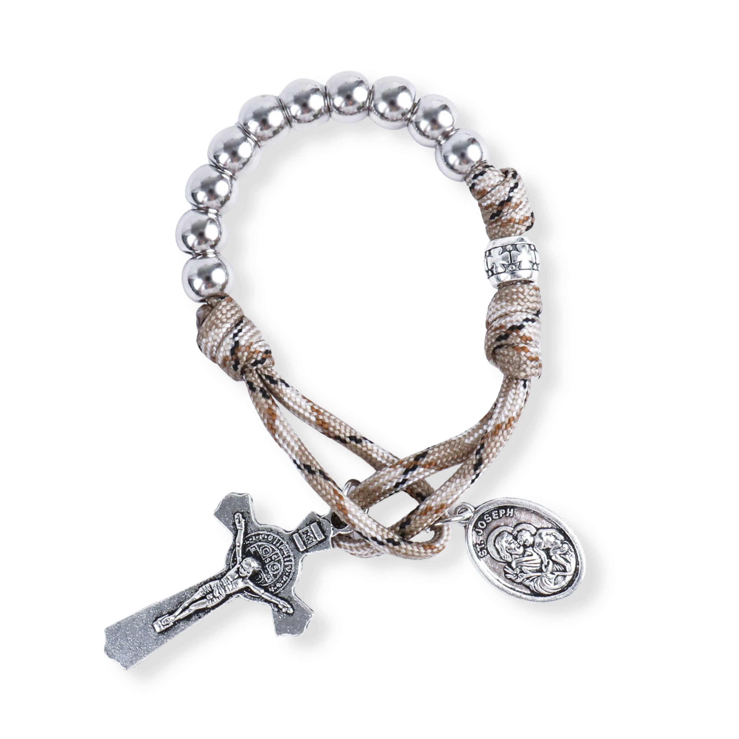 Strong Military One Decade Paracord Rosary Silver Beads Pocket Car Rosary Pray For Us St. Joseph Medal & St. Benedict Cross
