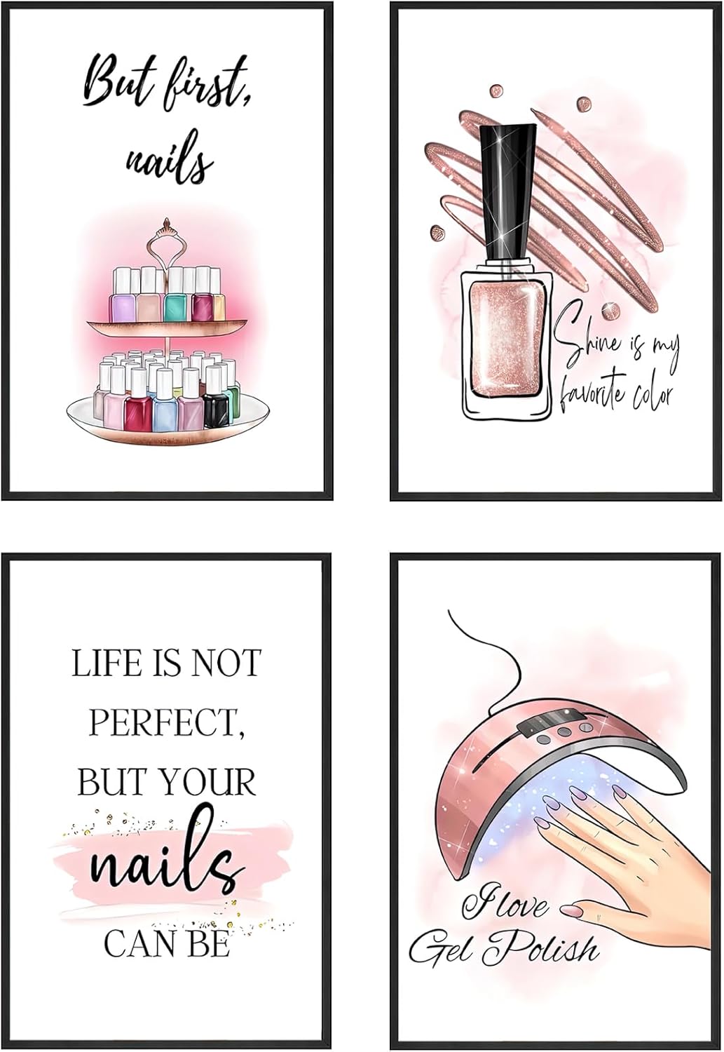KLPOARTQ Modern Girl Room Decor, Nail Quote Poster Set with 4 Pieces Frame, Fashion Wall Art Prints Canvas Painting Pictures Beauty Salon, 8 x 12 Inch