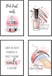 KLPOARTQ Modern Girl Room Decor, Nail Quote Poster Set with 4 Pieces Frame, Fashion Wall Art Prints Canvas Painting Pictures Beauty Salon, 8 x 12 Inch