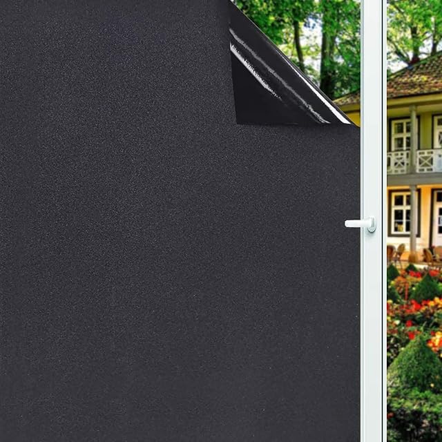 Blackout Window Film Privacy 100% Light Blocking Window Tint Anti-UV Heat Control No Adhesive Static Cling Window Tinting Film for Office Home Bedroom Bathroom(Black,44.5 x 200cm)