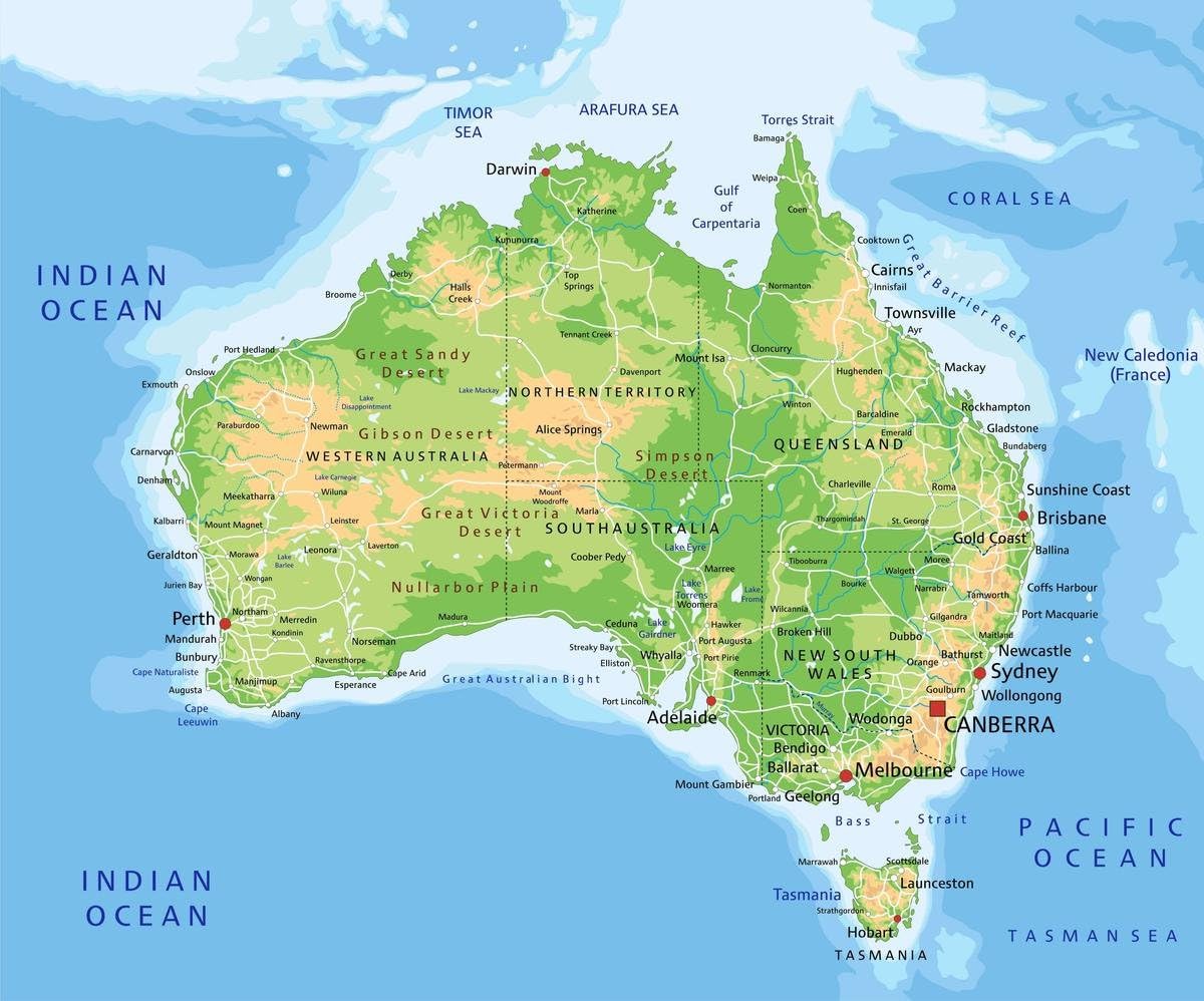 Gifts Delight Laminated 28x24 Poster: Physical Map of Australia and Oceania - Images Galleries with A Bite