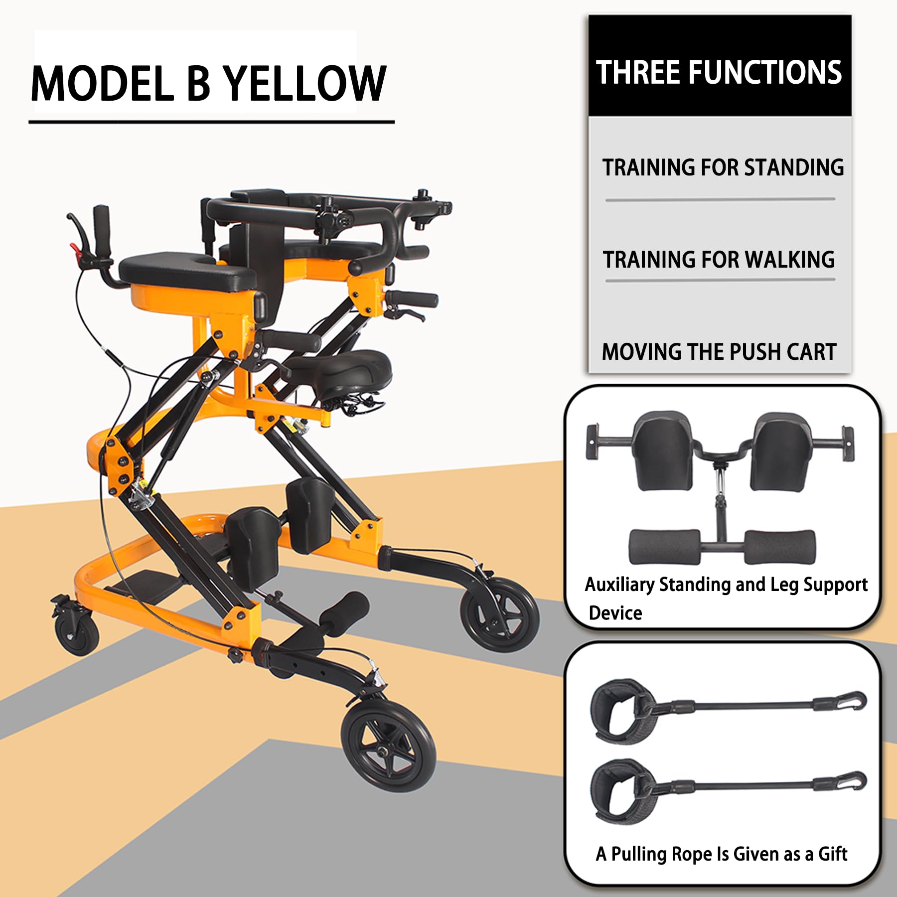 Walker di Riabilitazione Multifunzionale con addestramento in Piedi, Camminata e Carrello, Altezza Regolabile, Design Anti-inclinazione, Ideale per l'uso di casa e Clinica Yellow