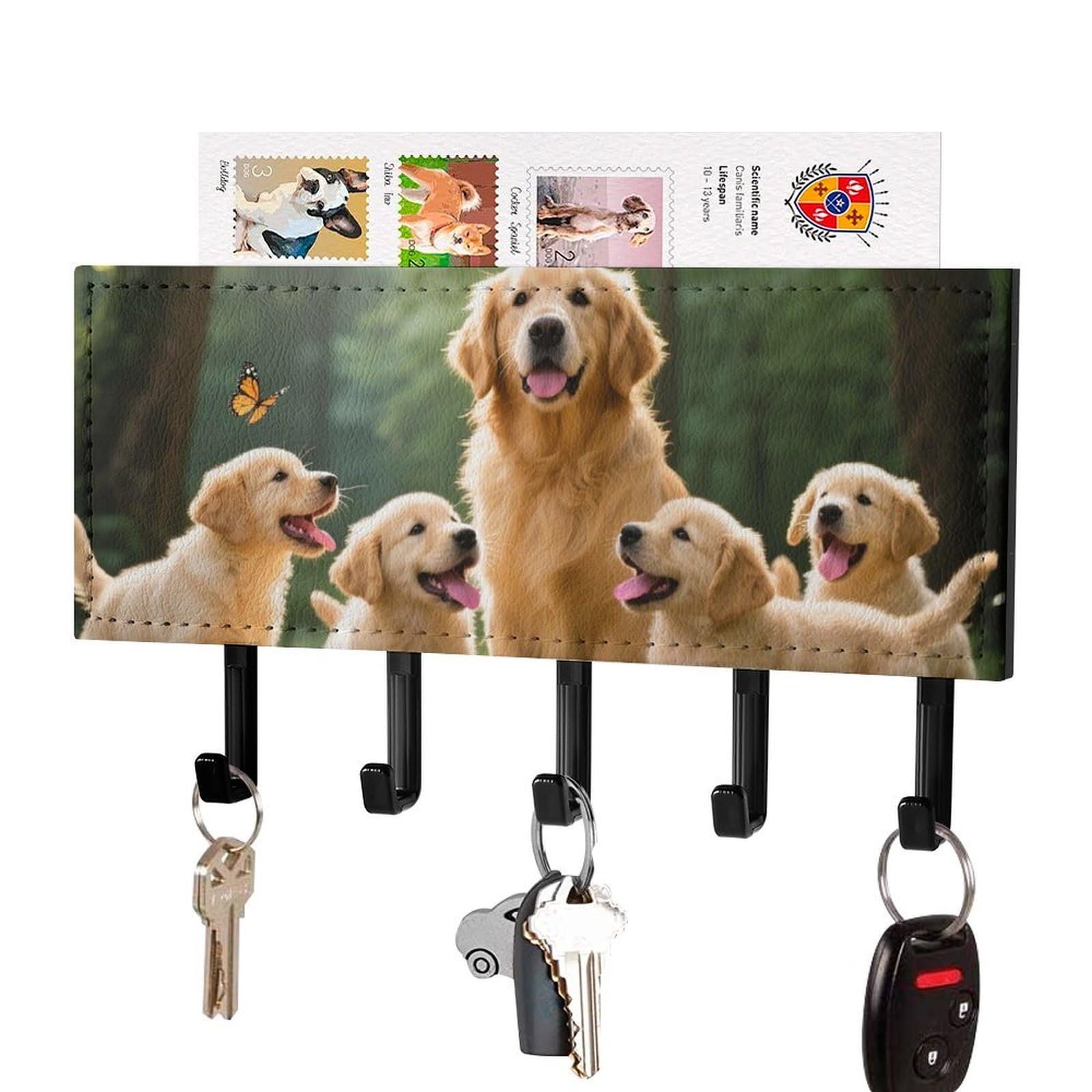 DWVTSLH Dog Key Holder for Wall, Decorative Key Hooks with Mail Organizer & 5 Hooks, Self Adhesive Leather Key Hanger for Entryway, Wall Mounted Key Rack (7.1” X 4.3” X 0.9”)