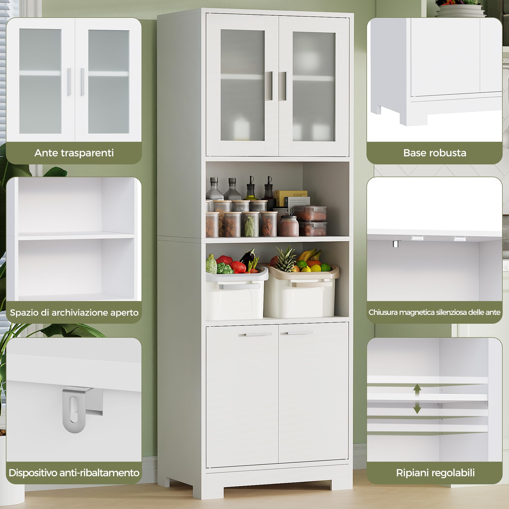 BEWISHOME Mobile Alto da Bagno, Arredo Bagno con Ripiani Regolabili, Mobiletto Portaoggetti Salvaspazio,per Sala da Pranzo, Salotto, Soggiorno, Cucina 40x60x180cm Bianco Spedito in 2 Pacchi EYYG04W