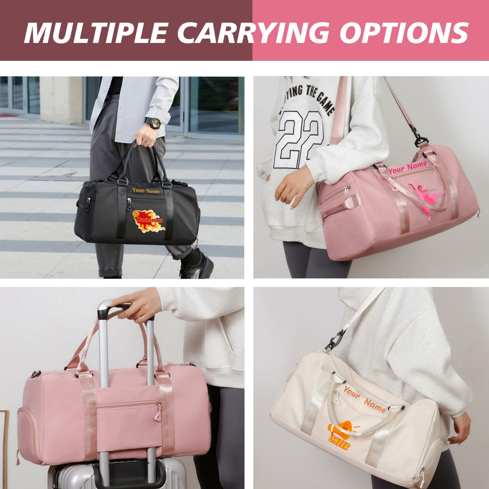 Sac de Sport Brodé Personnalisé avec Bretelles, Poches Humides et Sèches et Compartiment à Chaussures - Rose
