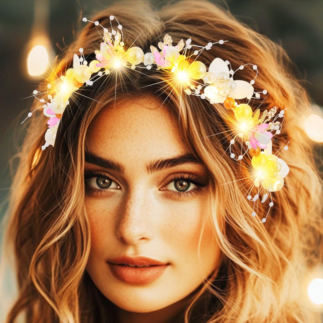 Jovono Light Up Pearl Bride Wedding Headbands Gold LED Flower Bridal Headpiece Leaf Hair Accessories for Women (Pink, Free size) - Image 4