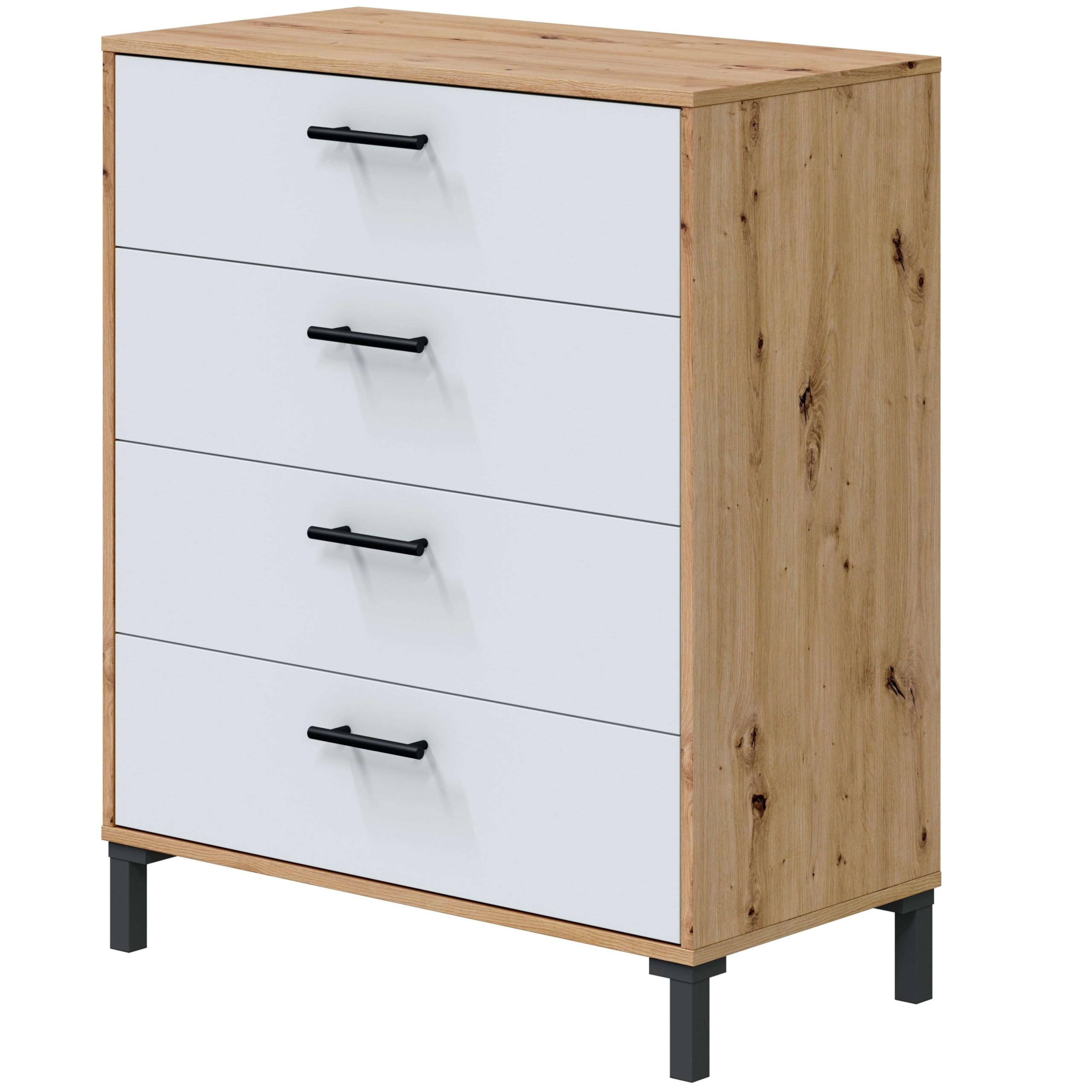Bricohabitat Cómoda Dormitorio Cajonera 4 Cajones Sinfonier Lúmina Blanco Artik y Roble Nodi 78x94x40 cm