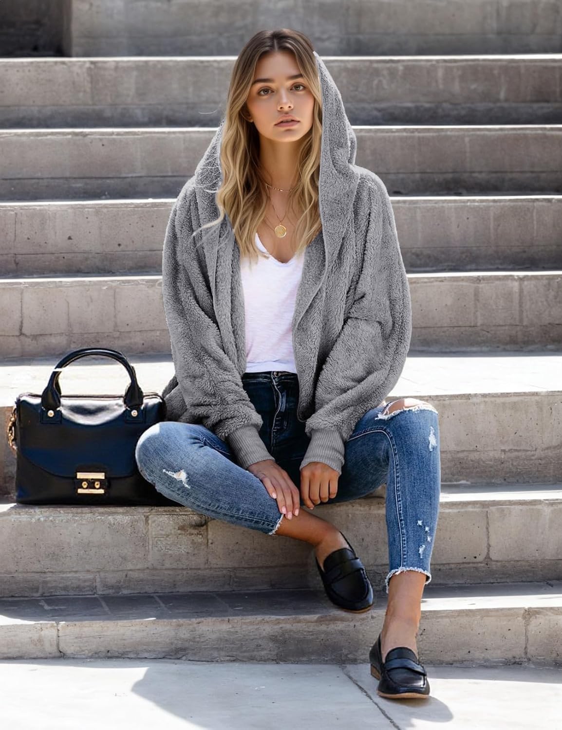 Zilcremo Women Hooded Cardigan Fuzzy Jacket Winter Open Front Fleece Coat Outwear with Pockets - Image 6