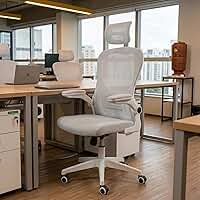 Cadeira Ergonômica para Home Office com Apoio Lombar Ajustável, Encosto em Mesh Respirável e Apoio de Cabeça – Giratória (Branco e Cinza)
