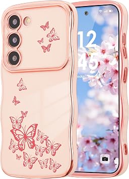 ZTOFERA for Samsung Galaxy S23 Case Cute for Girl Women, Curly Wave Golden Frame with Luxury Plating Butterfly Pattern, Soft TPU Shockproof Raised Lens Protection Phone Case for Samsung S23, Pink | Luxury Plating Butterfly Pattern for Women Girls | Golden Edge Soft TPU Bumper | Full-Coverage Protective Soft Phone Cover