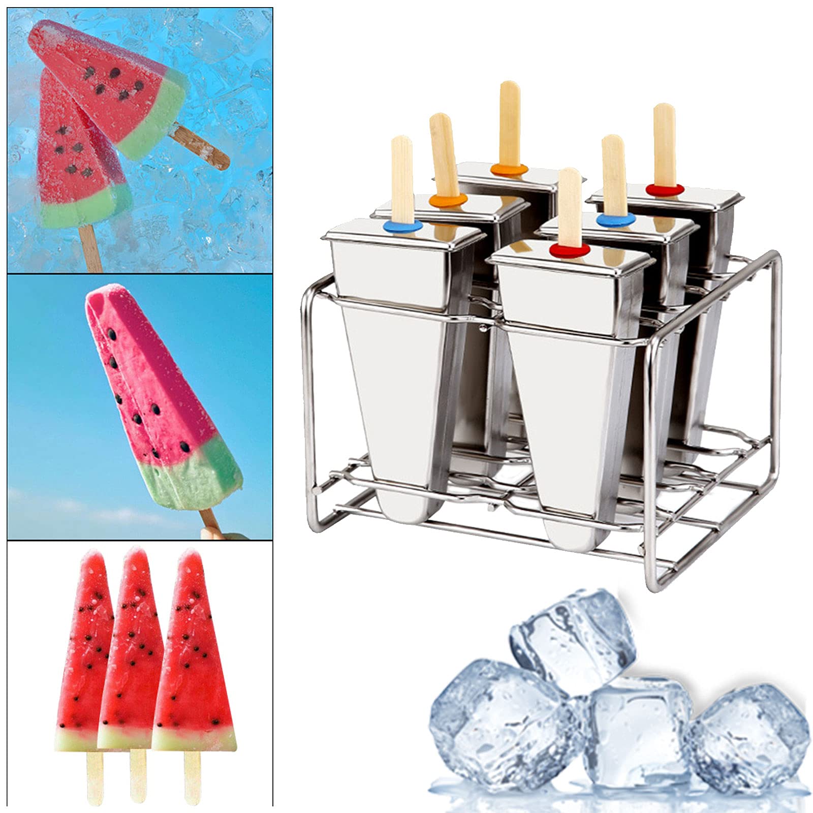 Stieleis Edelstahl, Eisformen EIS am Stiel Edelstahl, EIS Formen Fuer Stieleis Edelstahl, 6er Set Edelstahl Eisform Eckig mit Ständer und Bambussticks Eisstiehlform Eisstiel Form