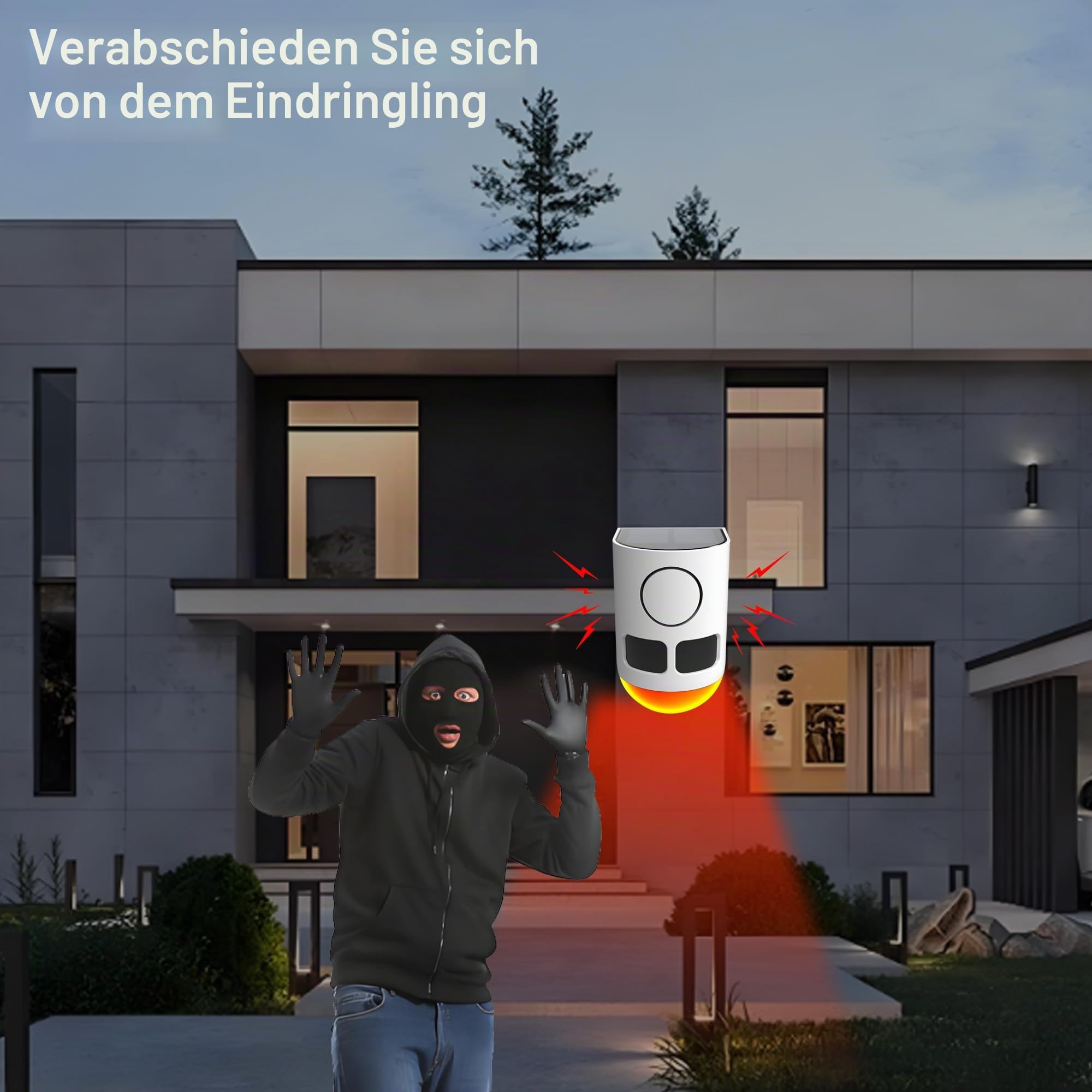 Solar Outdoor Bewegungsmelder Alarm-110db Lauter Geräuschemacher, 4 Arbeitsmodi Stroboskoplicht mit USB für Zuhause, Villa, Hof, Hühnerstall, Bauernhof, Scheune 4 PCS