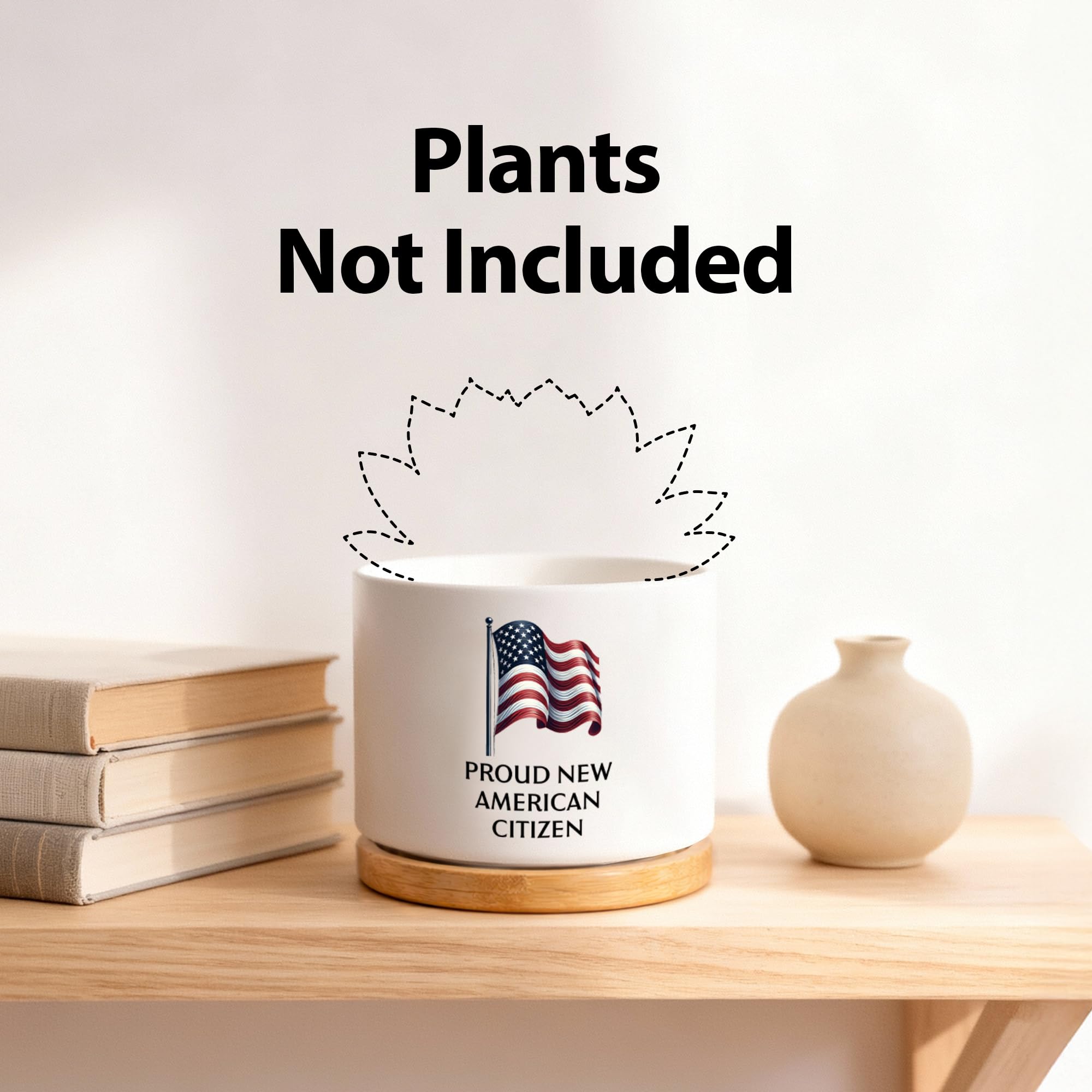 Proud New American Citizen US Citizenship Gifts Celebrations American Flag Ceramic Succulent Plant Pot with Bamboo Tray Round Plant Lover Gifts Home Office Decor 3.5 Inch White (No Plants)