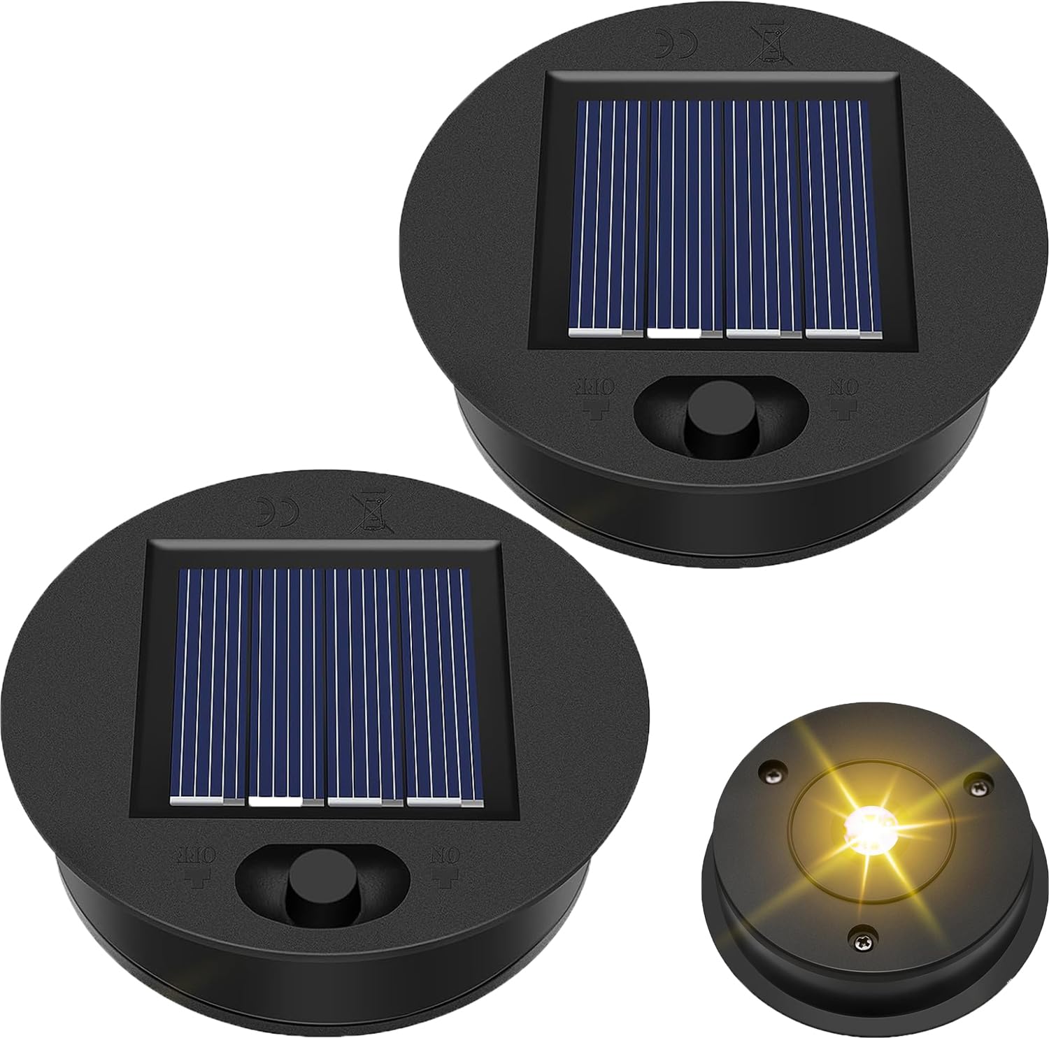 YeahBoom Solar Lantern Replacement Top, 2 x Diameter 8.5 cm, Bright LED, Solar Panel Lantern, Waterproof, Black