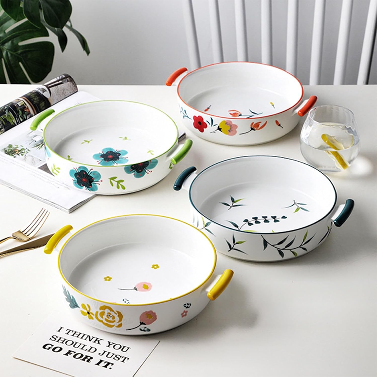 Ceramic Baking Dishes For Oven, Round Casserole Dish For Oven, Vintage Ceramic Bakeware (D,40 ounce)