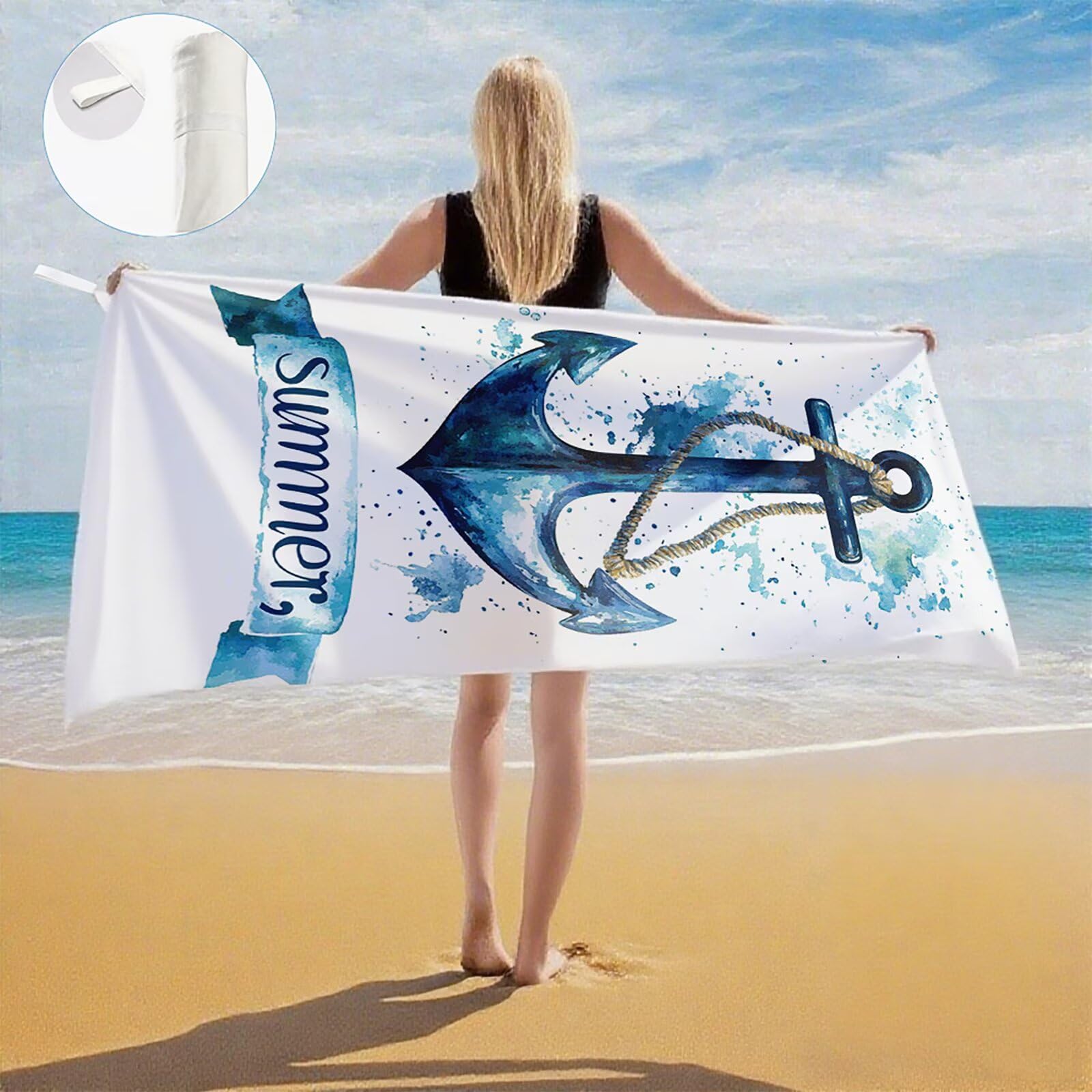 Serviette Plage Été Motif, Serviette de Plage XXL 90x180 cm avec Sac, Serviettes de Bain Microfibre Séchage Rapide Anti-Sable Absorbante Fonction pour Bain, Sport, Voyages, Sauna, Piscine Q-795