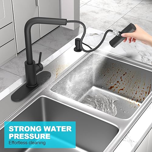 Miniatura 5 de Grifo de cocina con rociador extraíble, grifo de fregadero de cocina de acero inoxidable con un solo orificio con toque de cascada negra, grifos