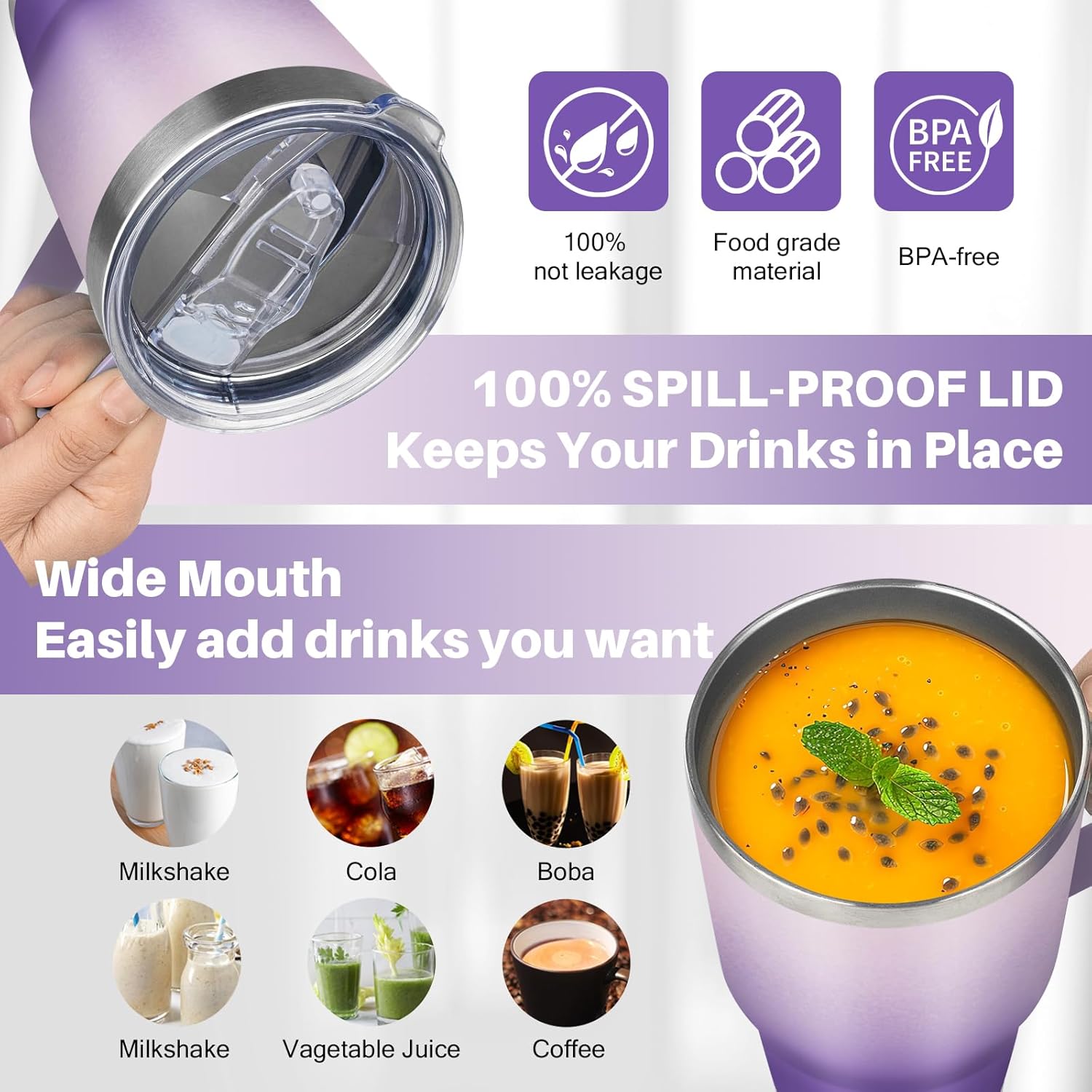 30 oz Tumbler with Handle, Stainless Steel Insulated Tumbler with Lid and Straw, Double Wall Vacuum Coffee Mug Tumbler, Insulated Coffee Thermal Cup for Cold and Hot (Light Dark Purple) - Image 4
