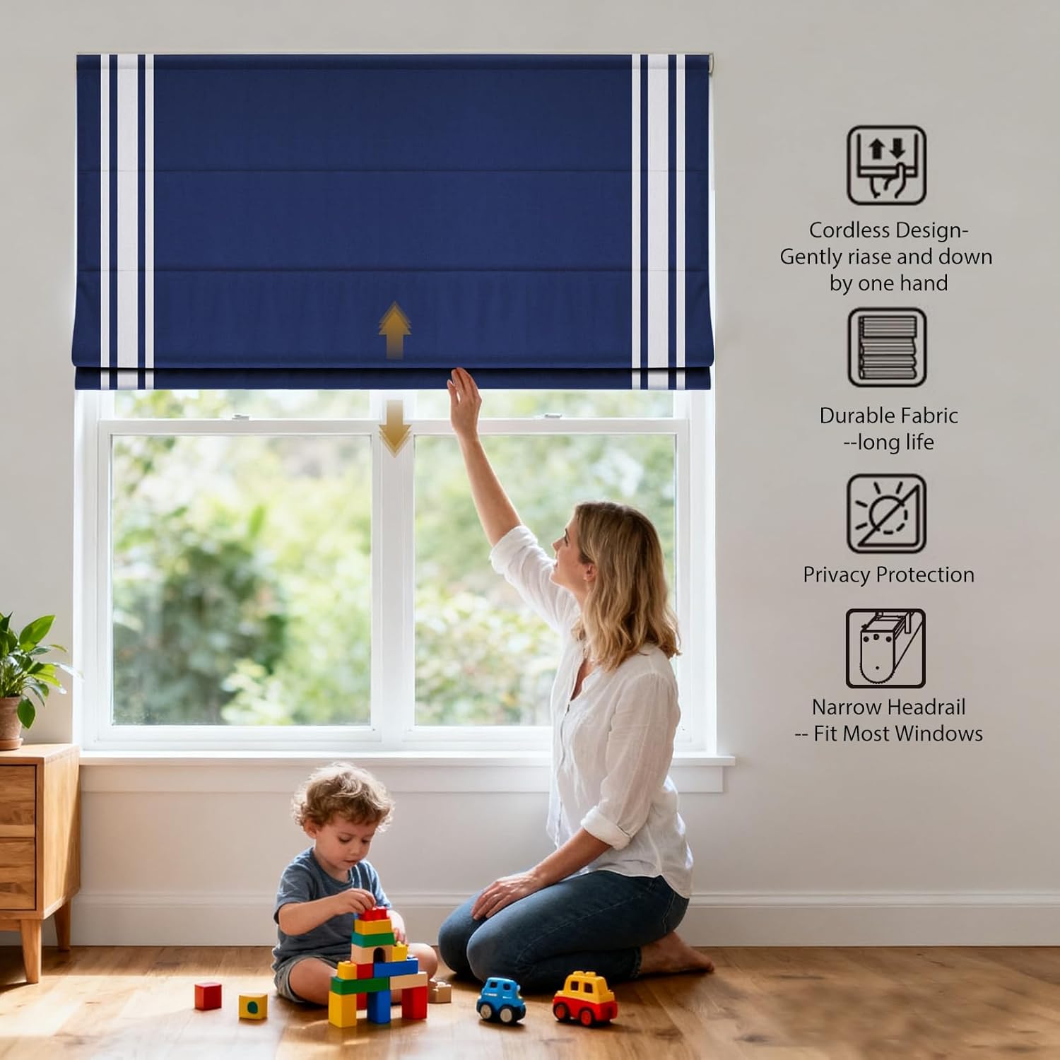 Cordless Roman Shades with Ribbon Border, Navy White Premium Room Darkening Roman Window Shades, Custom Washable Fabric Roman Shades for Windows, Doors, Kitchen Windows