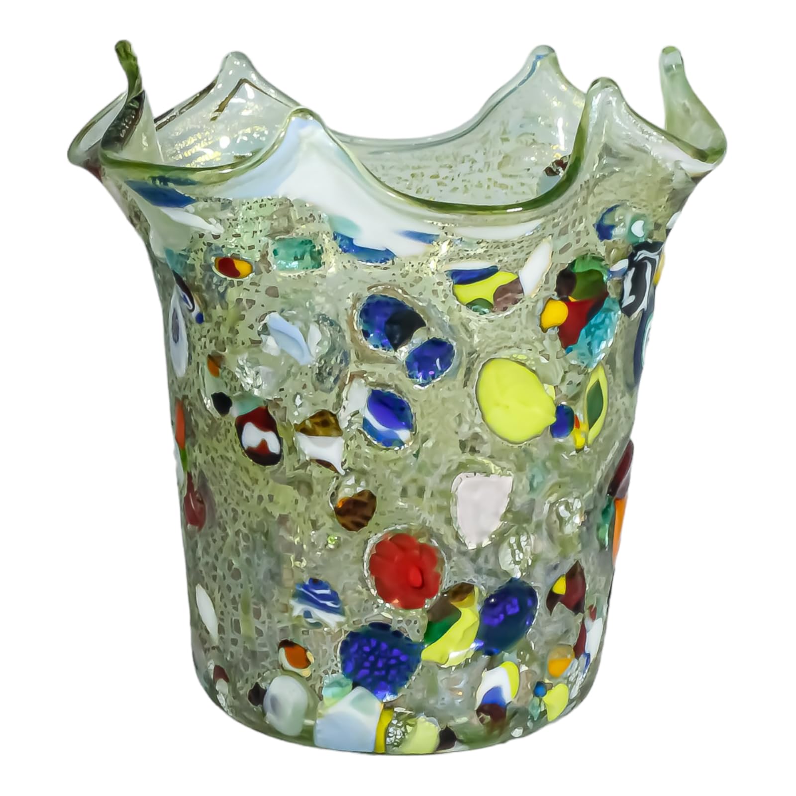 Vase en verre de Murano Millefiori vert et argent de 11 cm fabriqué en Italie