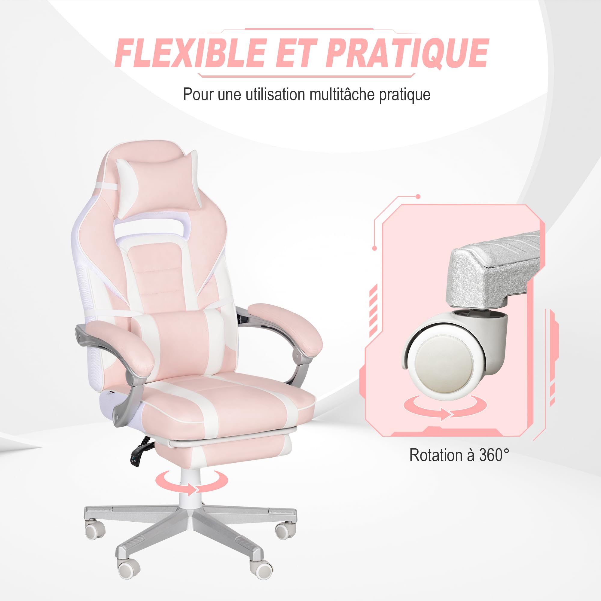 HOMCOM Chaise Gaming avec Repose-Pieds, Hauteur Réglable, Appui-Tête, Rose