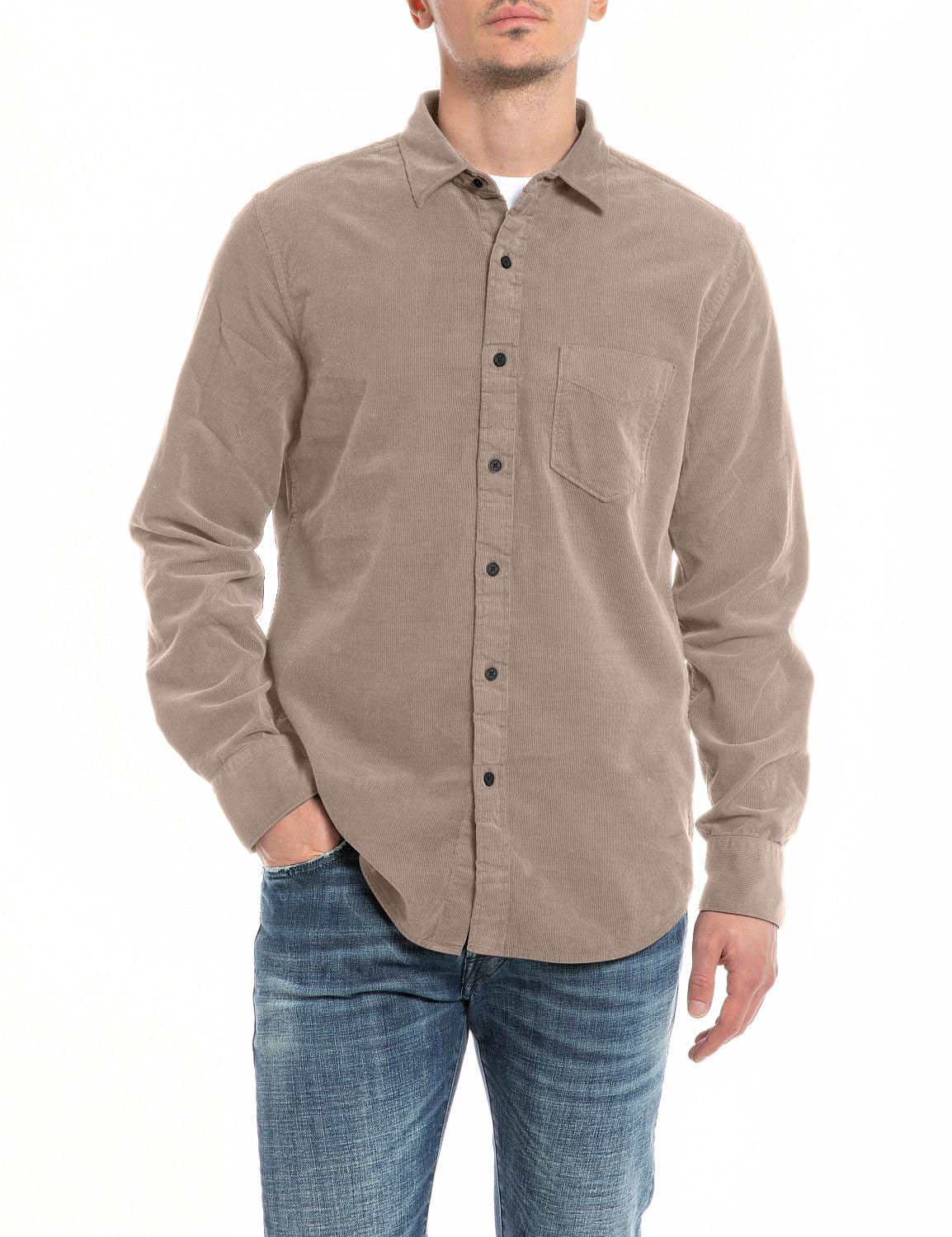 Replay Men's Long-Sleeved Shirt Made of Cotton Mix, Dark Sand 326 (Beige), 3XL