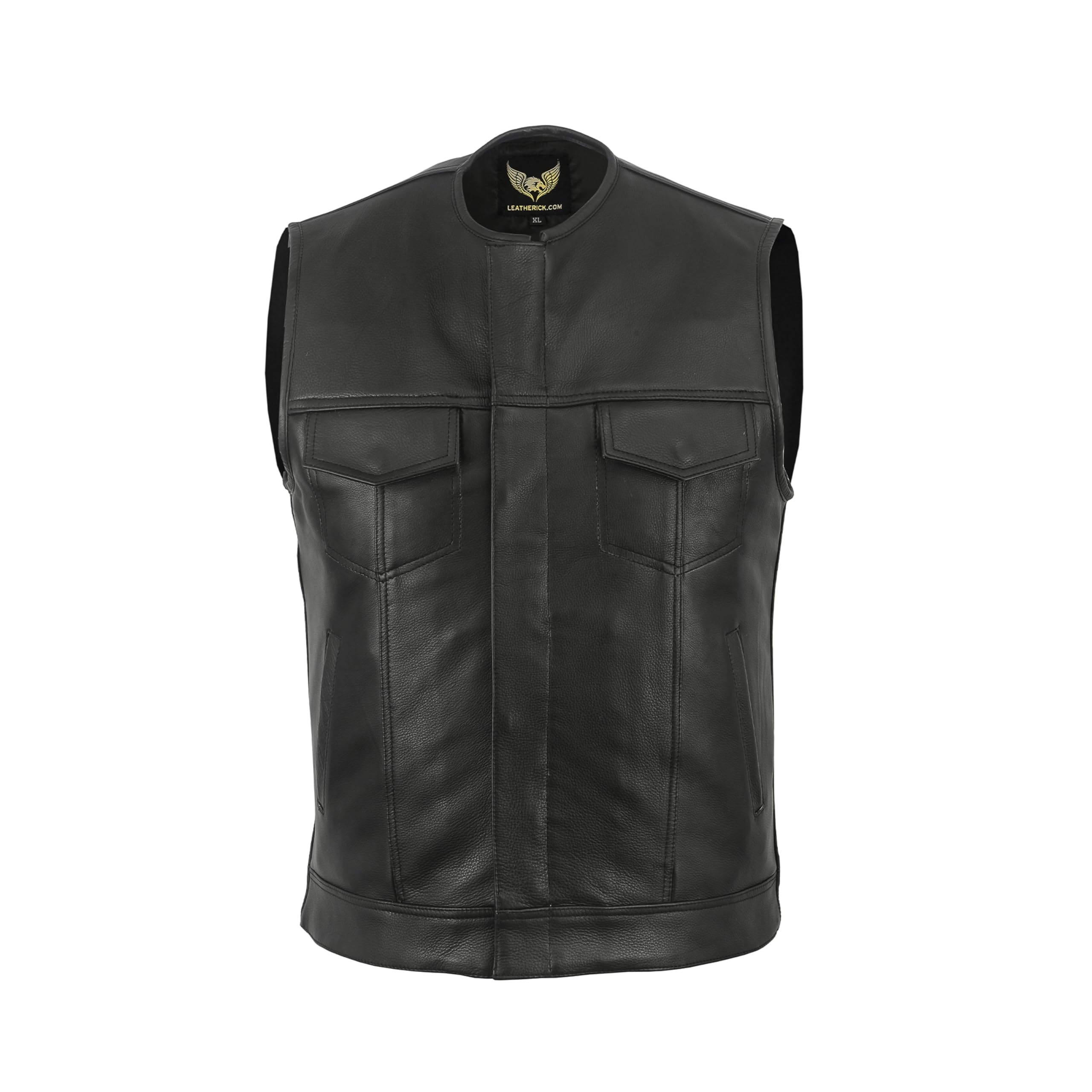 Leatherick SOA Gilet da motociclista in vera pelle da uomo senza colletto per motociclismo e moda, con tasche profonde