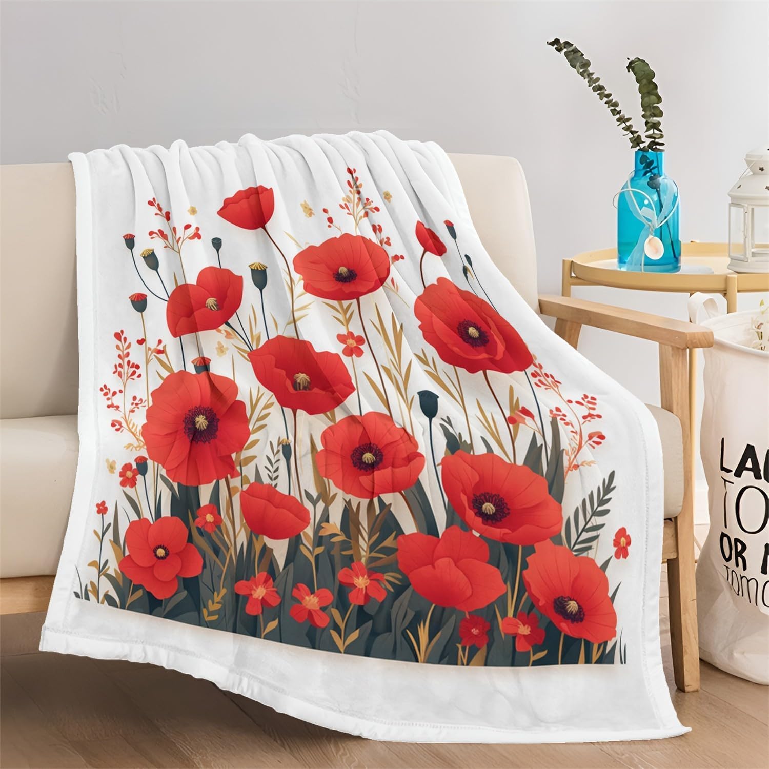 Couverture à jeter pour canapé en flanelle motif fleur de pavot 130x150cm