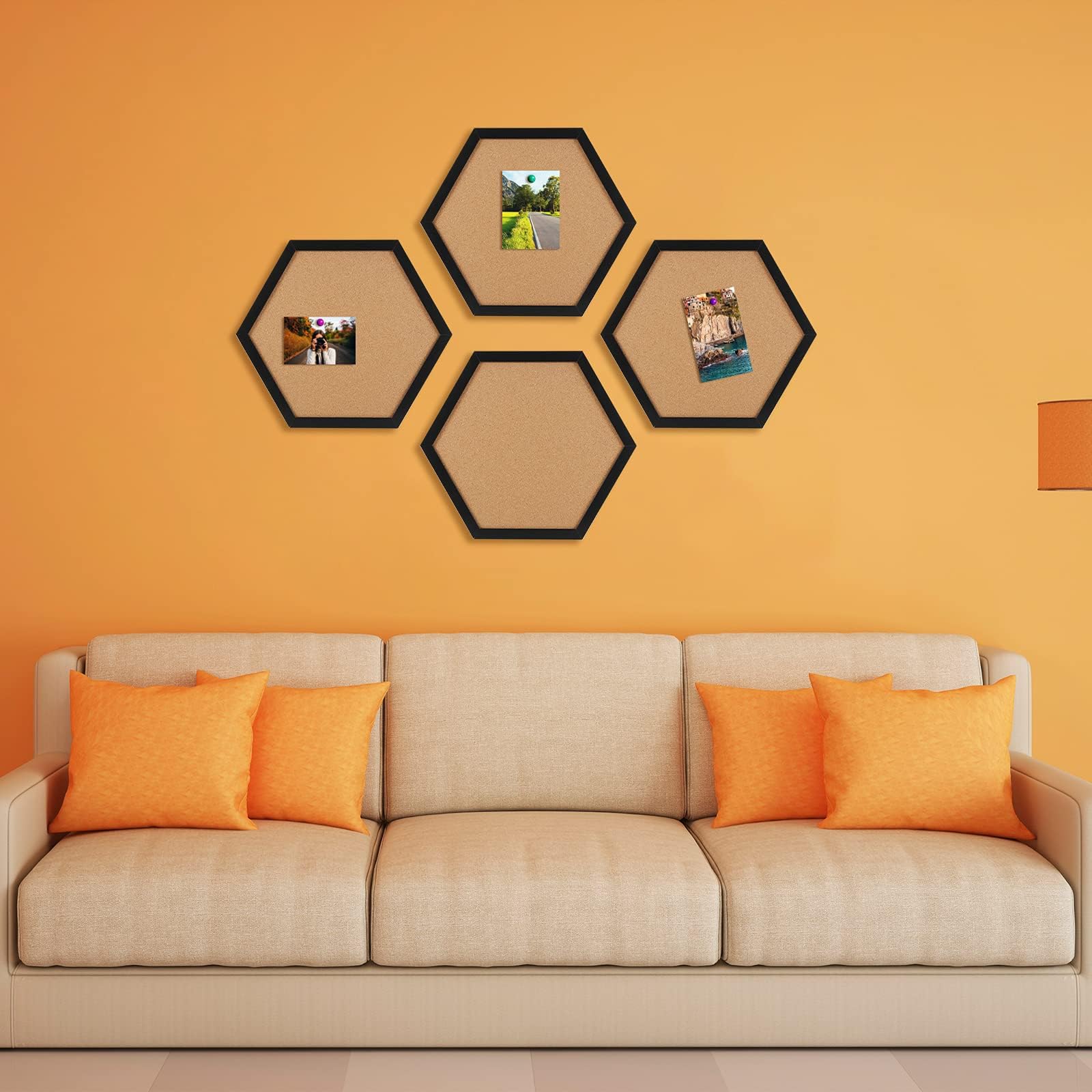 HAKZEON 6 Pack Hexagon Cork Board, Black Framed Hexagon Bulletin Board, Thick Modern Decorative Cork Board with 48 Push Pins for Home, Office, School - Image 4