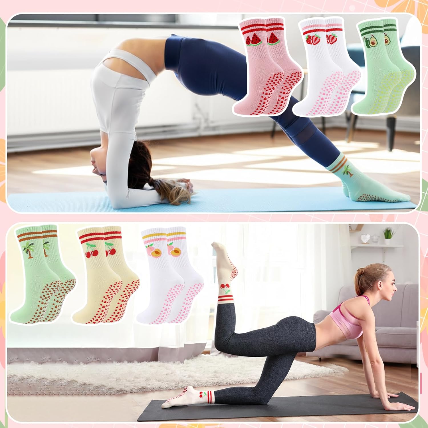 6 Pairs Pilates Grip Socks for Women Cute Non Slip Yoga Socks for Barre Ballet Barefoot Workout Hospital Sports Home Slipper - Image 3