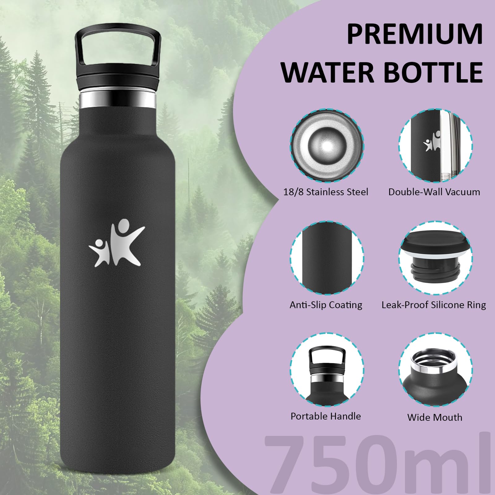 Borraccia Termica, Borraccia 750 ml, Senza BPA, Borracia con Cannuccia, Senza Perdite, Bottiglia Termica, Isolato Sottovuoto, Borracce Termiche per Campeggio, Uffici, Caffè, Viaggio, Yoga, Palestra