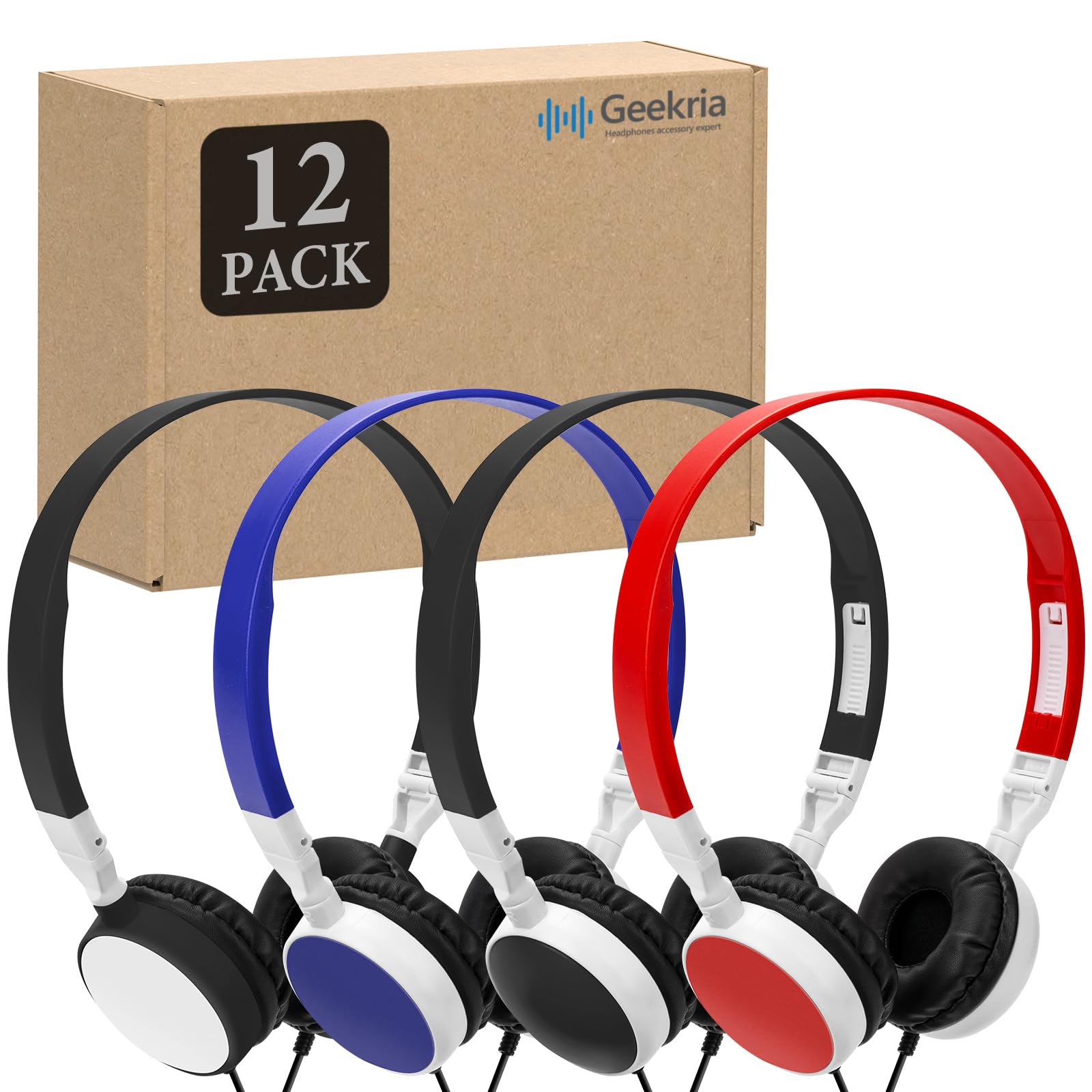 GEEKRIA Pack de 12 Casques pour Classe, Casques Enfants filaires réglables avec Prise Jack 3,5 mm, Casques on-Ear en Gros pour école, élèves, bibliothèques, Salle Informatique