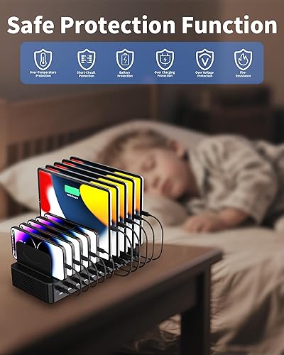 Miniatura 4 de Estación de carga de 80 W para múltiples dispositivos, estación de carga rápida USB de 10 puertos con divisores ajustables y 10 cables, base de