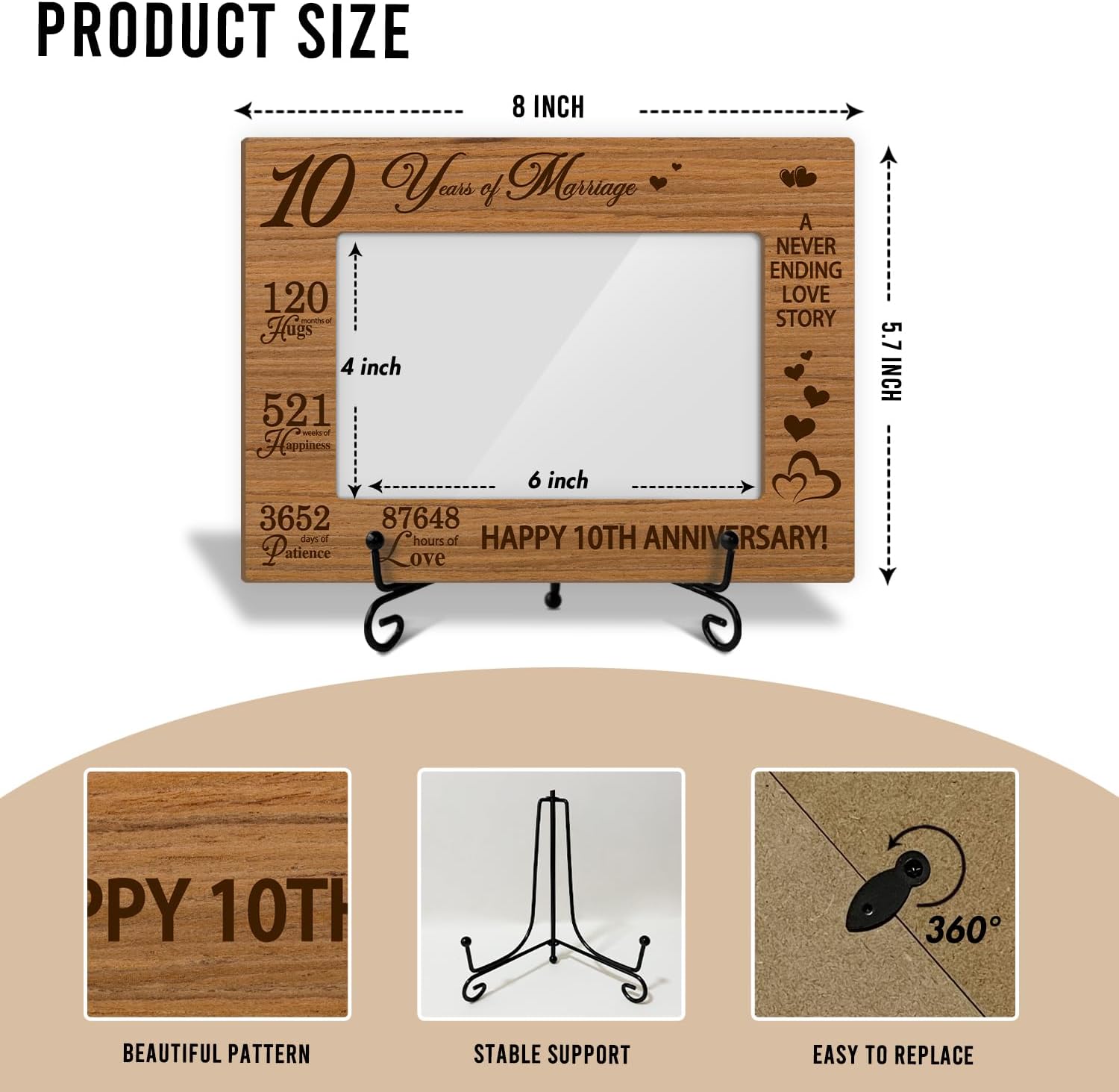 10 Years of Marriage Picture Frame, 10th Anniversary Wedding Valentines Gifts For Husband Wife Couple, 4x6 Wooden Picture Frame Tabletop Display Home Decor -04
