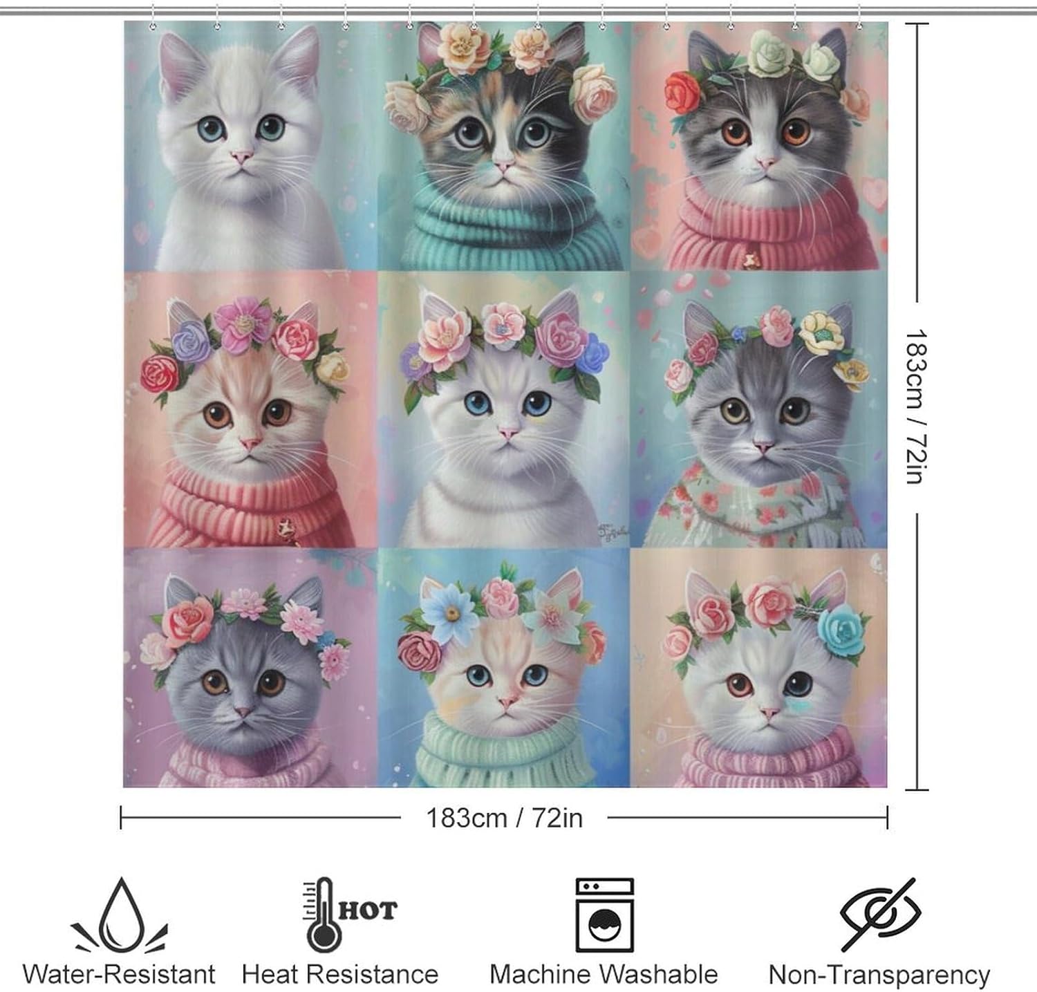4Pcs Cartoon Cat Shower Curtain Sets, Bath Mat and Rugs, Fantasy Floral Garland Kitten Shower Curtain with Hooks for Bathroom