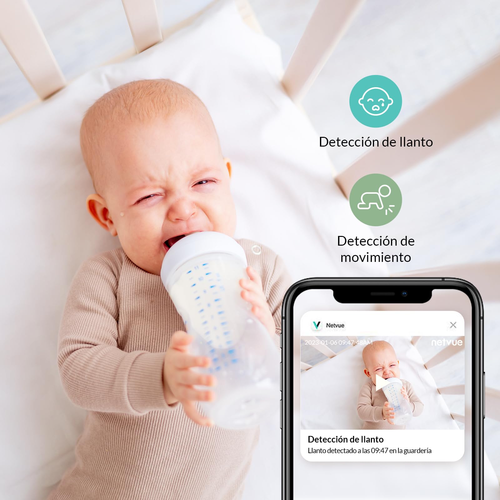 NETVUE Camara Vigilancia Bebe con Soporte 4 en 1, Inalámbrico 5000mAh 5" Vigilabebes con Camara, Baby Monitor con App, Visión Nocturna, Audio Bidireccional, VOX, Detección de llanto, sin WiFi