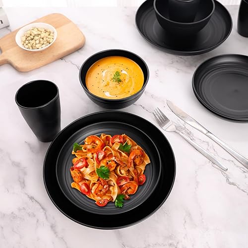 Miniatura 3 de Juego de platos y cuencos negros para 8, vajilla de paja de trigo, de plástico negro, reutilizable, apto para lavavajillas, para cocina, Halloween,