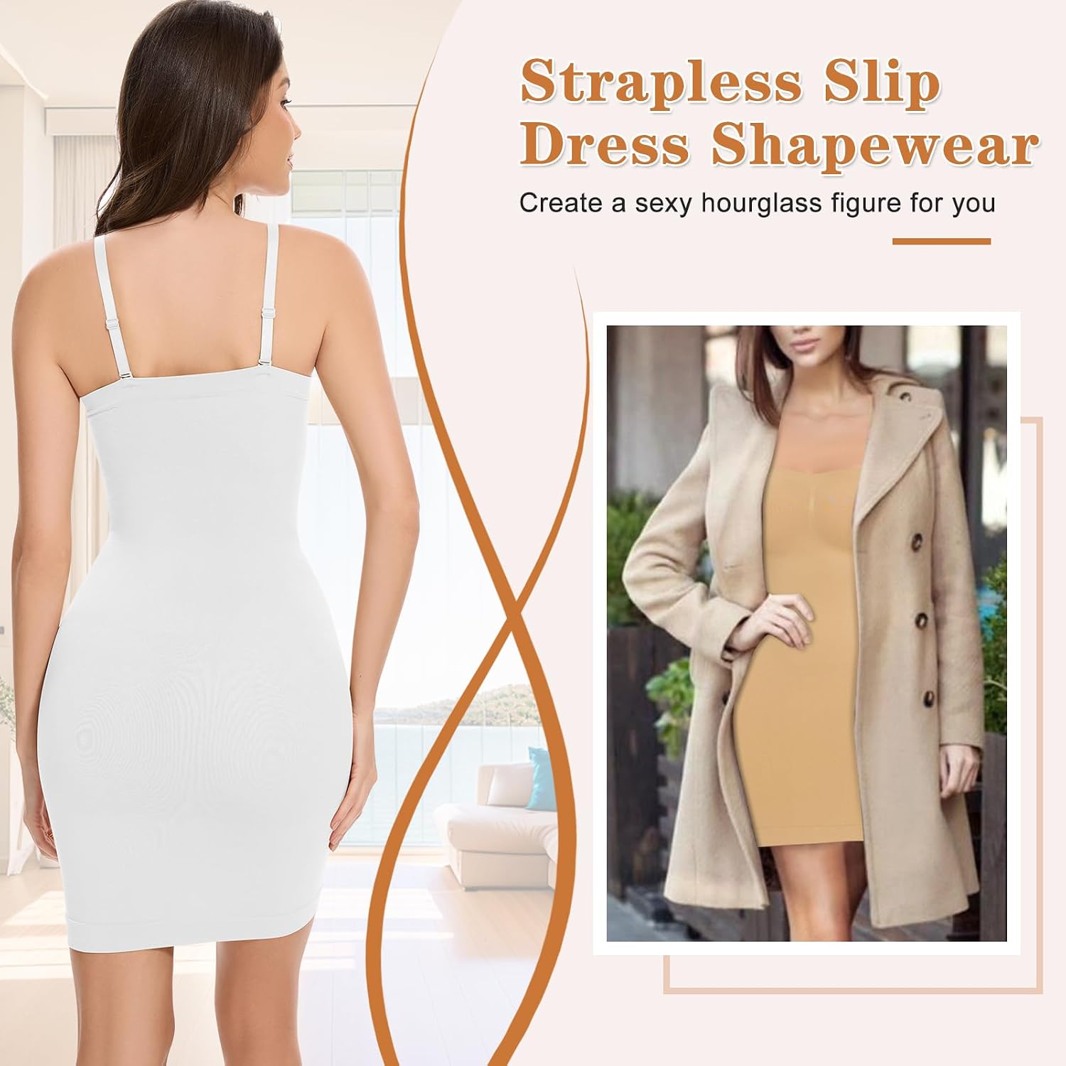 Strapless Shapewear Full Slip for Womem Under Dress Tummy Control Body Shaper Slip Dress with Removable Straps