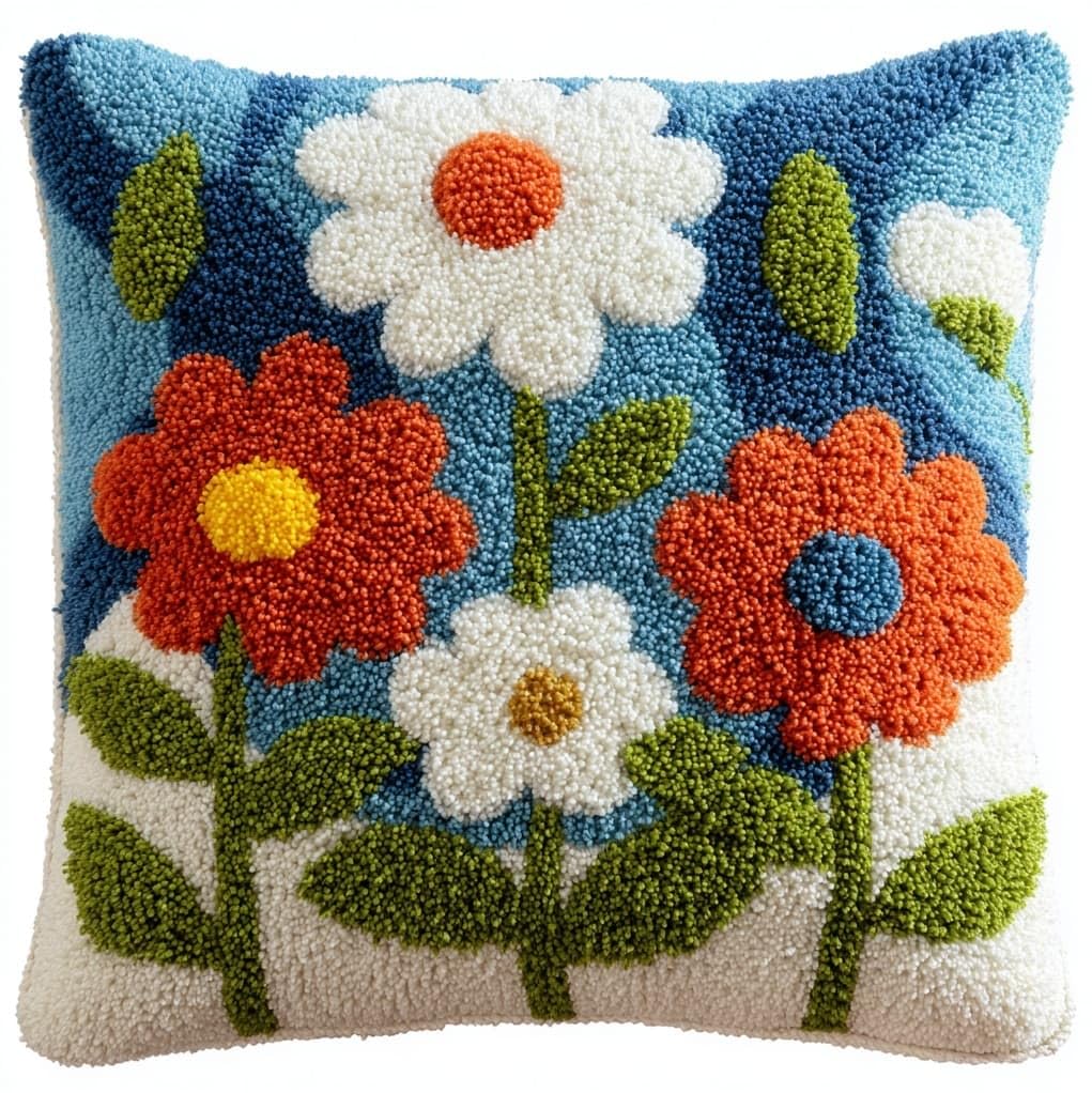 Henypt Easy Beginner Latch Hook Pillow Kit 43x43cm,Daisy Needlework Cushion Set Pre-Printed Canvas and Tool Included,Simple Sofa Decor Project