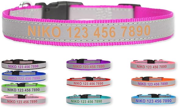Reflective Personalized Nylon Dog Collar with Embroidered Name, Rose Red | Custom embroidered name & phone; sewn reflective tape, 5 sizes, adjustable fit for male, female dogs & puppies