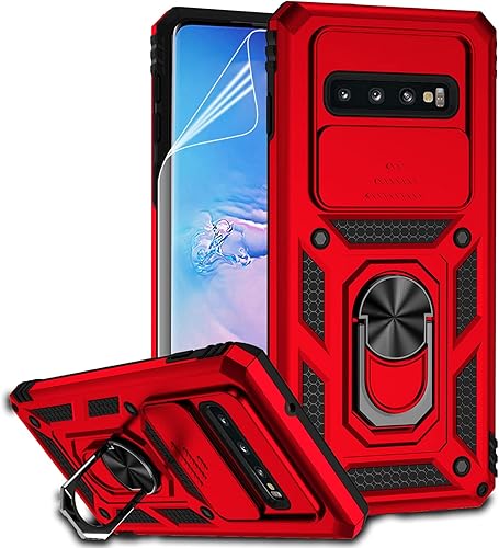 Funda para Samsung Galaxy S10 con cubierta para lente de cámara, protector de pantalla HD, doble capa de grado militar a prueba de caídas, soporte
