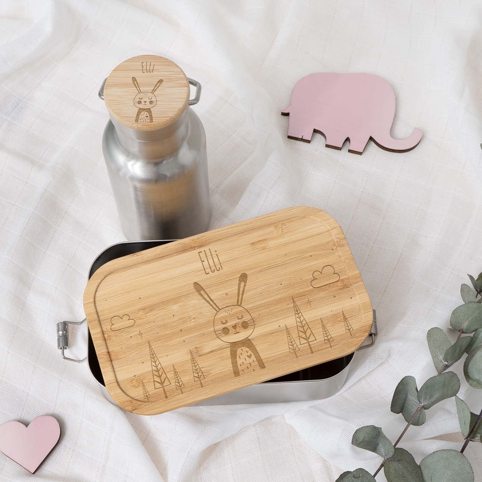 hellomini Geschenkset für Kinder Trinkflasche Isolierflasche Edelstahl mit Bambusdeckel & Brotdose Lunchbox Holzdeckel personalisierte Geschenke Ostern, Weihnachten, Geburtstag, Einschulung Hase