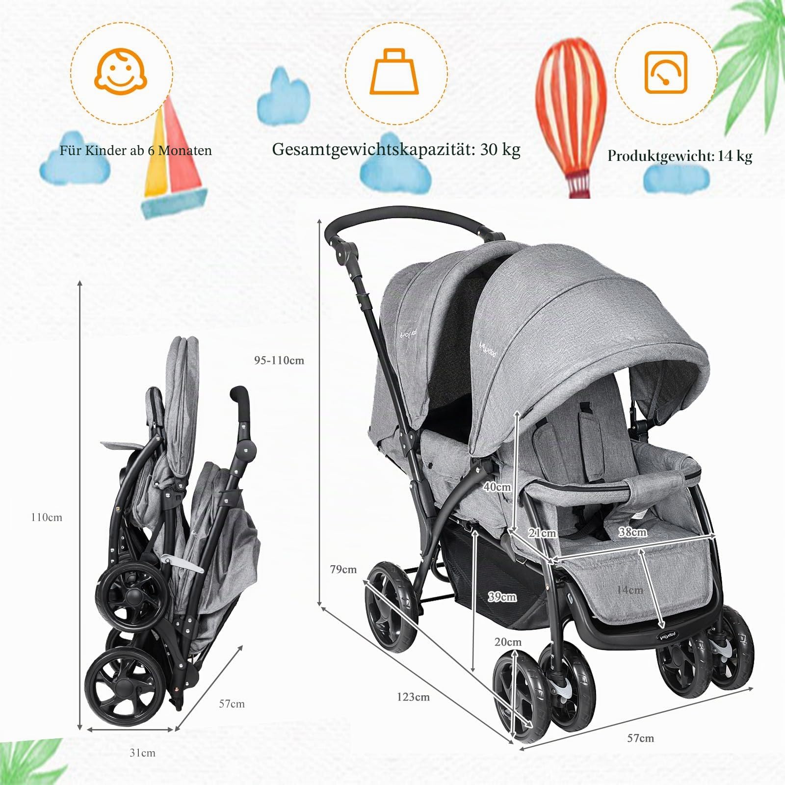 LIFEZEAL Faltbarer Doppelkinderwagen für Zwillinge 2-Sitzer mit verstellbarer Rückenlehne, Bremsen, Belastung 15+15 kg Grau