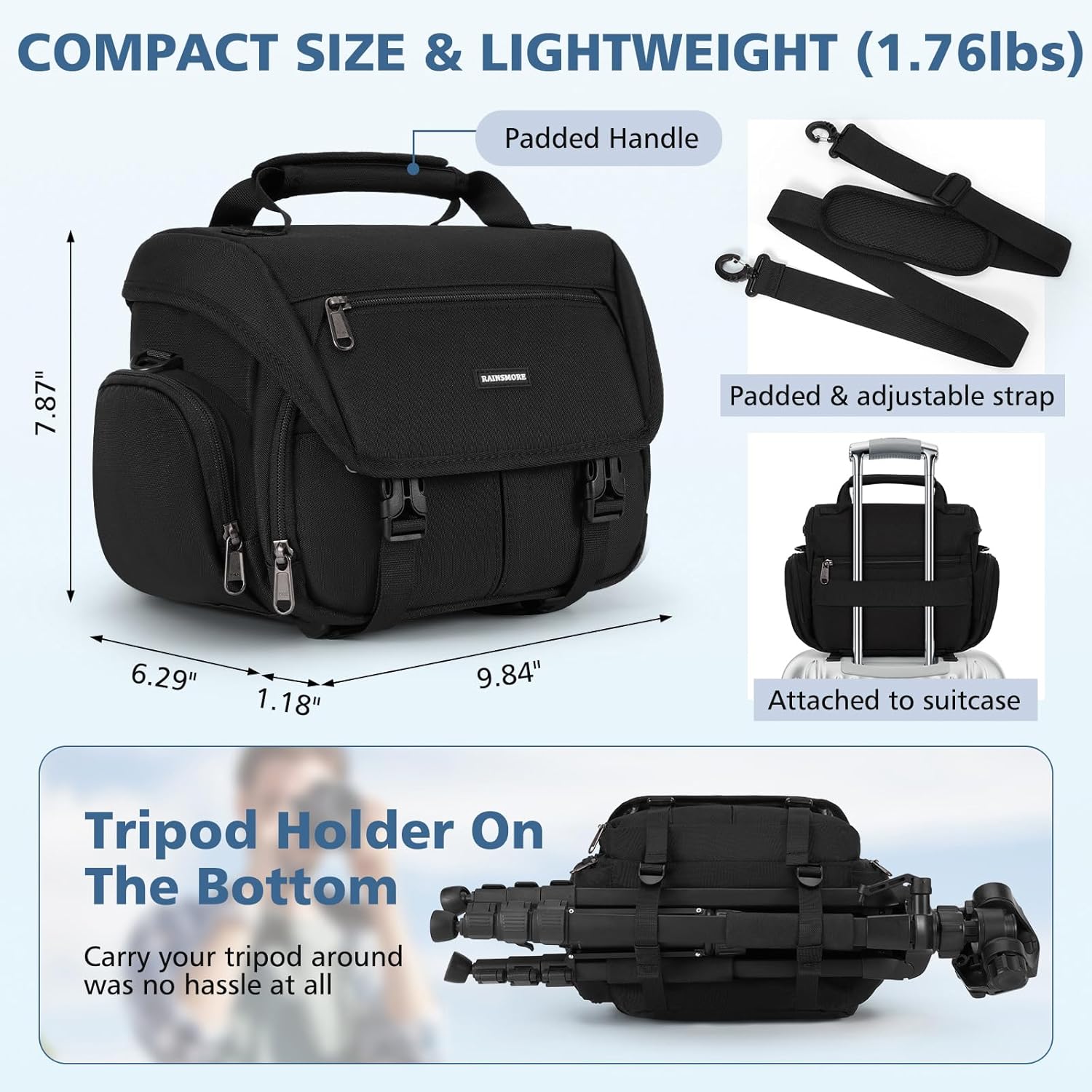 RAINSMORE Camera Bag, DSLR/SLR/Mirrorless Camera Sling Bag for Photographers Waterproof Small Camera Case with Tripod Holder & Rain Cover Camera Crossbody Bag for Canon/Nikon/Sony/Fuji, Black - Image 5