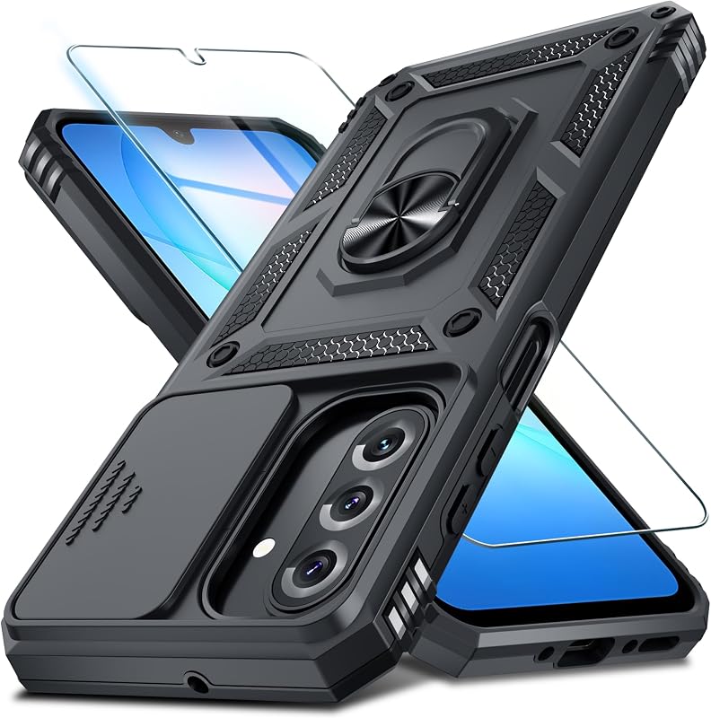 Janmitta for Samsung Galaxy A17 Case Built in Slide Camera Cover,Black | with Tempered Glass Screen Protector+Finger Ring Holder Kickstand,Heavy Duty Shockproof Full Body Phone Cover