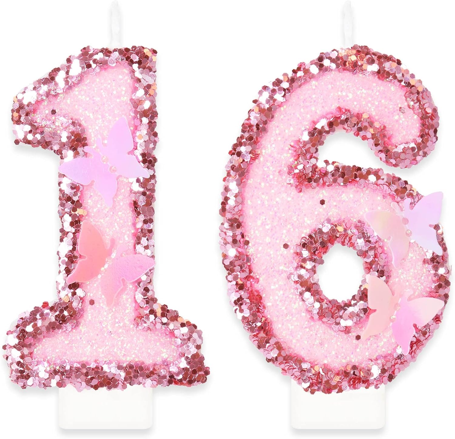 Birthday Candles Numbers 16, Butterfly Candles Birthday, Personalised Manual Birthday Candles, Pink Sequins Cake Decoration, Cake Decoration 16th Birthday for Women Girls Birthday Anniversary