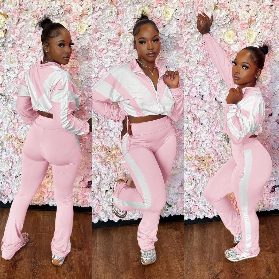 Vssjavun Women 2 Piece Outfit Color Block Long Sleeve Zip Drawstring Cropped Jacket Bodycon Long Pants Set Sweatsuit - Image 2
